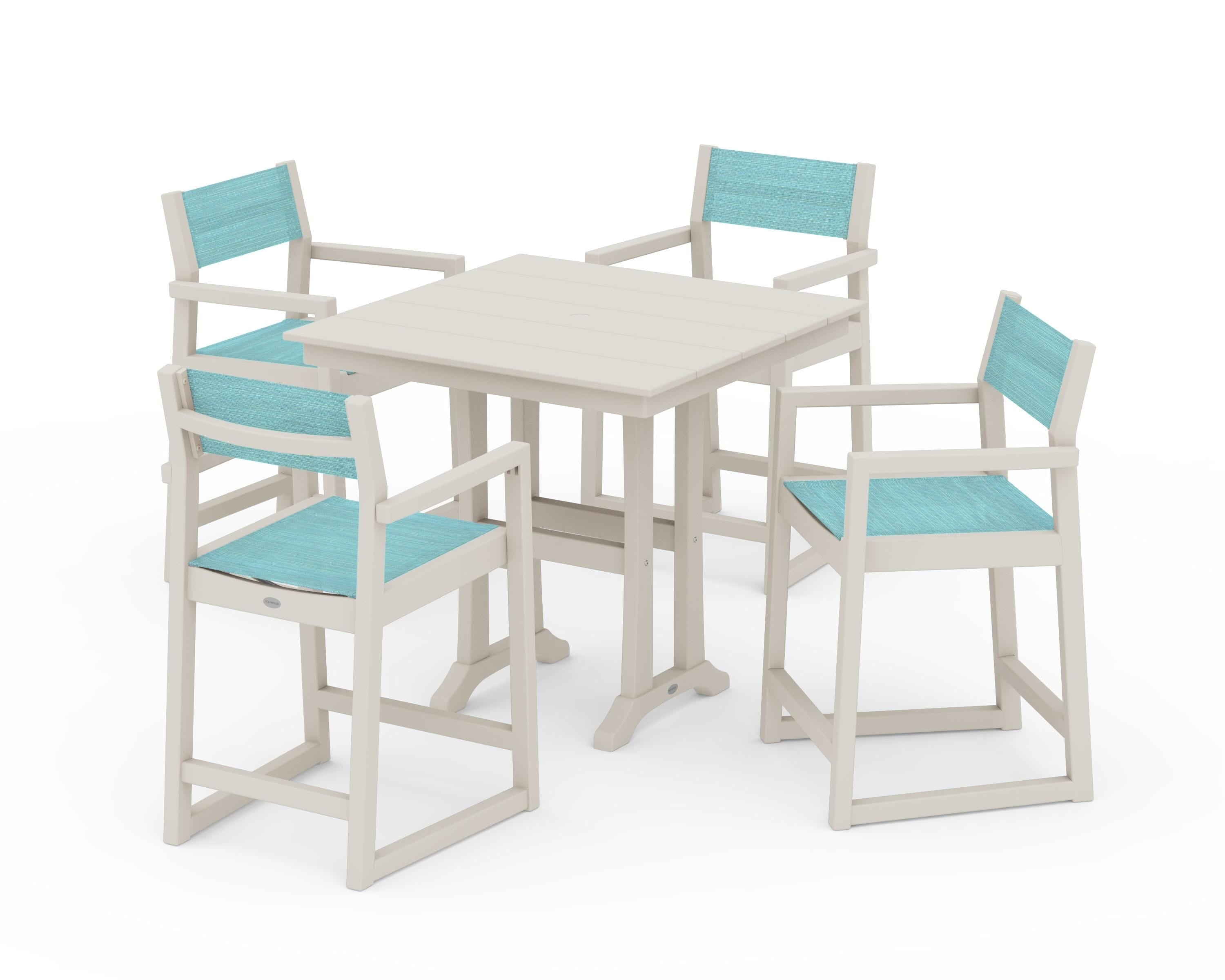 POLYWOOD EDGE Sling Arm Chair 5-Piece Farmhouse Counter Set with Trestle Legs in Sand / Dupioni Aquamarine Sling