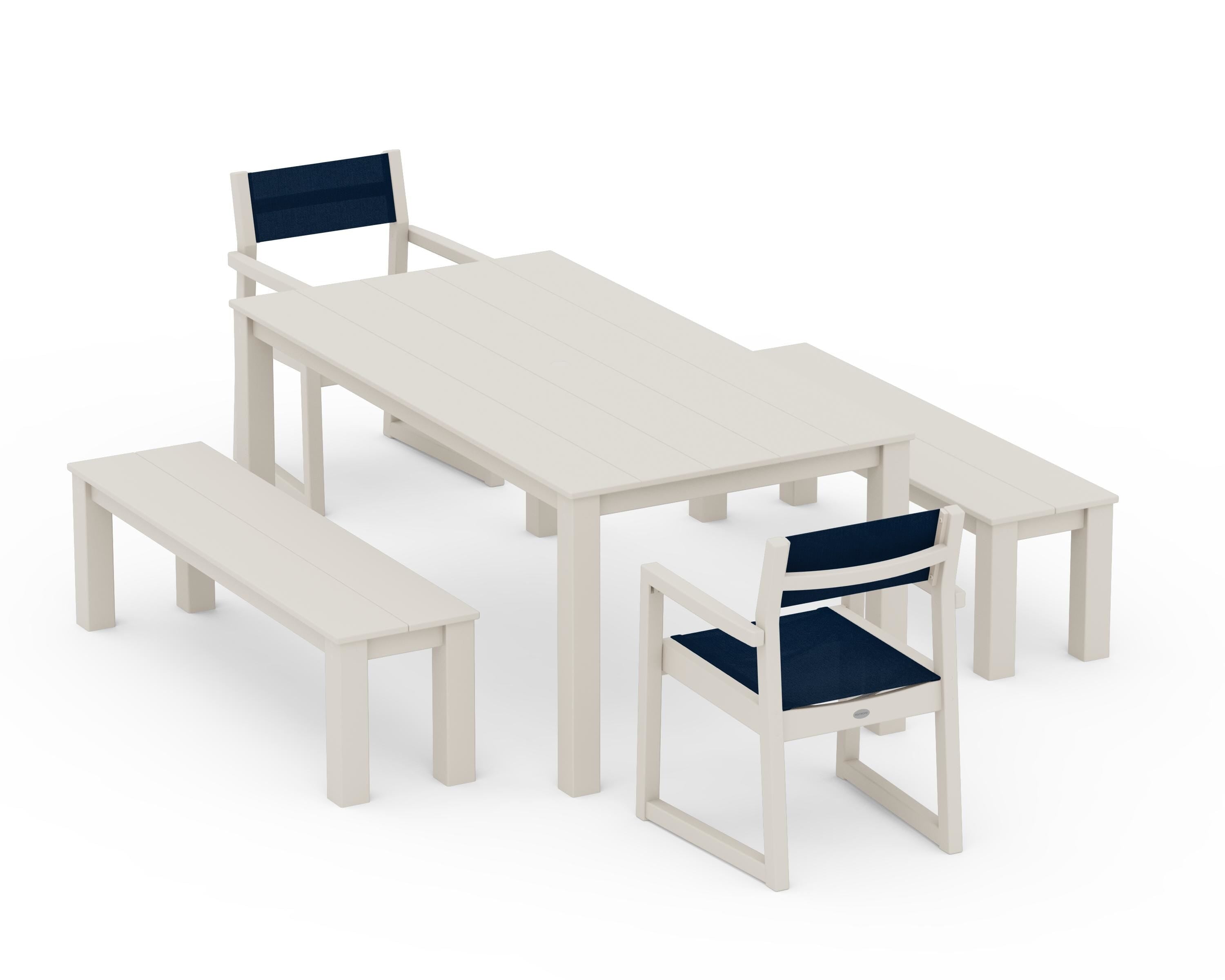 POLYWOOD EDGE Sling Arm Chair 5-Piece Parsons Dining Set with Benches in Sand / Navy Blue Sling