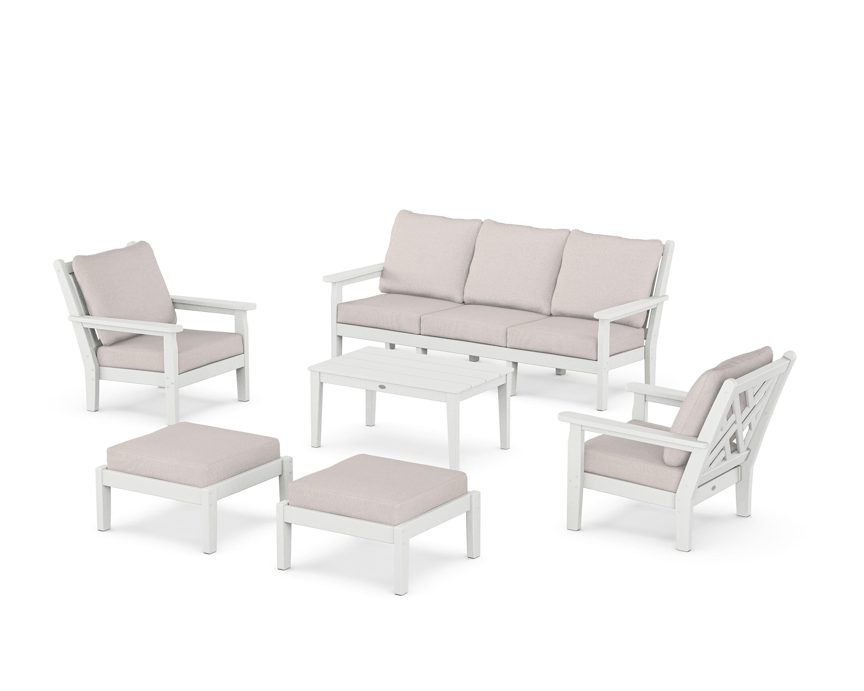 POLYWOOD Chippendale 6-Piece Lounge Sofa Set in White / Dune Burlap