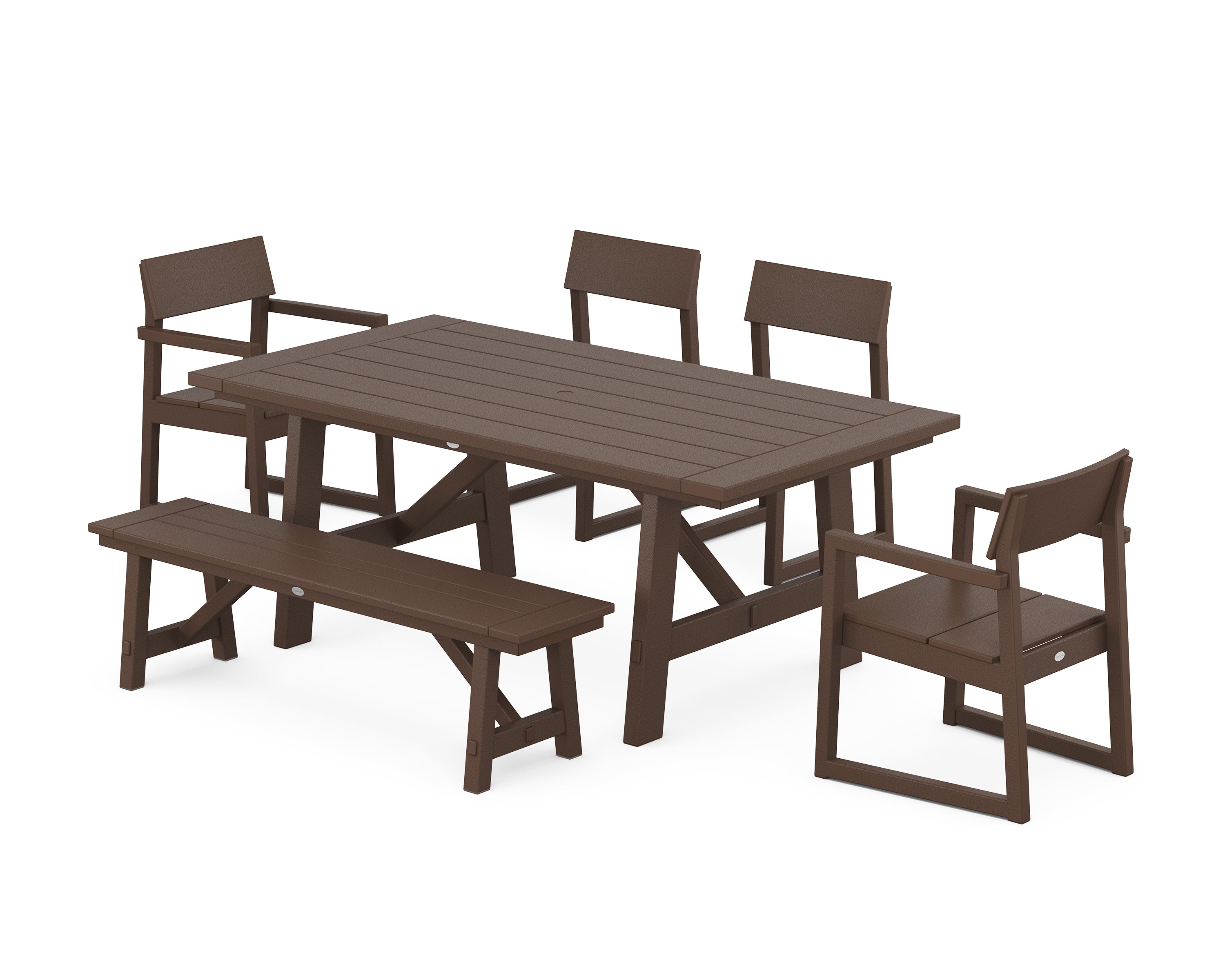 POLYWOOD® EDGE 6-Piece Rustic Farmhouse Dining Set with Bench in Mahogany