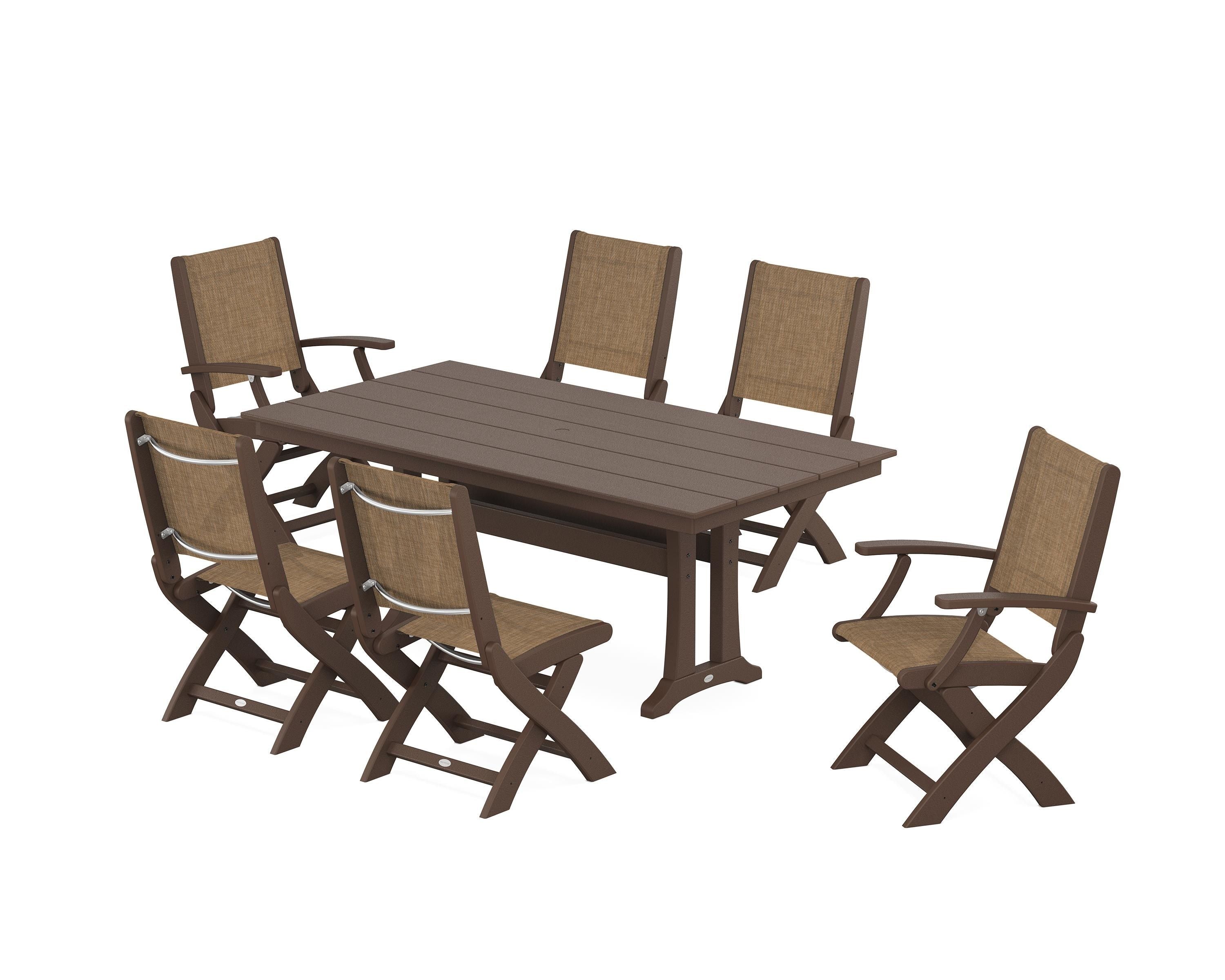 POLYWOOD Coastal Folding Chair 7-Piece Farmhouse Dining Set with Trestle Legs in Mahogany / Burlap Sling