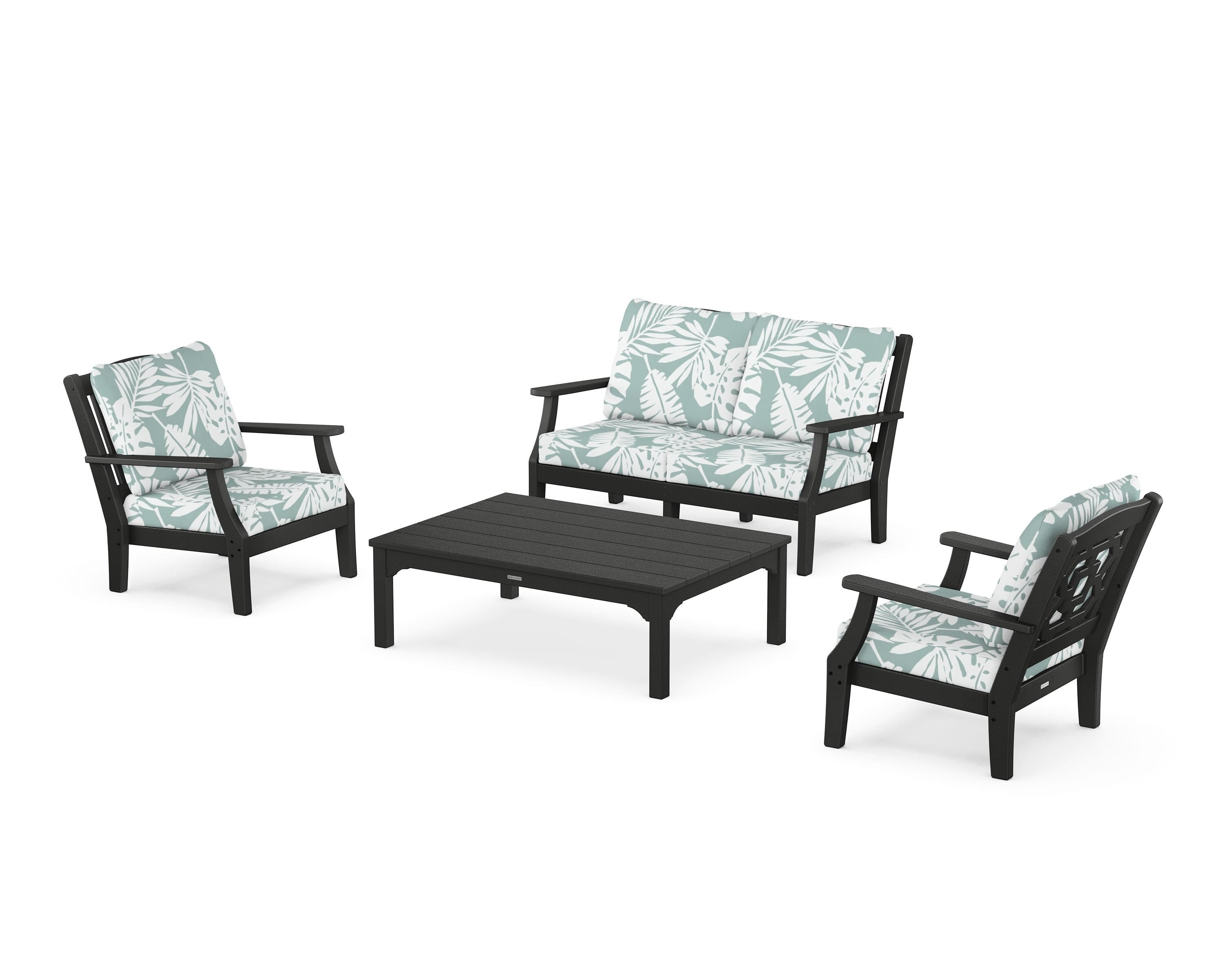 Martha Stewart by POLYWOOD Chinoiserie 4-Piece Deep Seating Set with Loveseat in Black / Leaf Glacier Spa