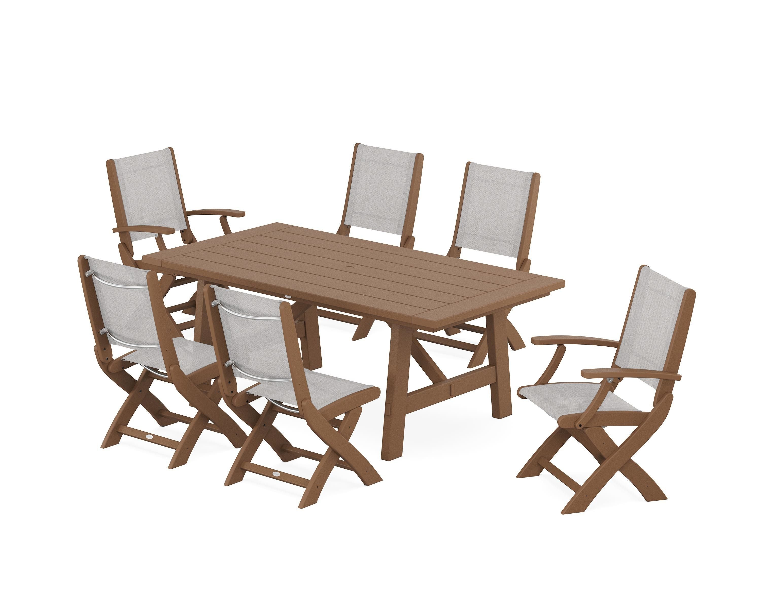 POLYWOOD Coastal Folding Chair 7-Piece Rustic Farmhouse Dining Set in Teak / Parchment Sling