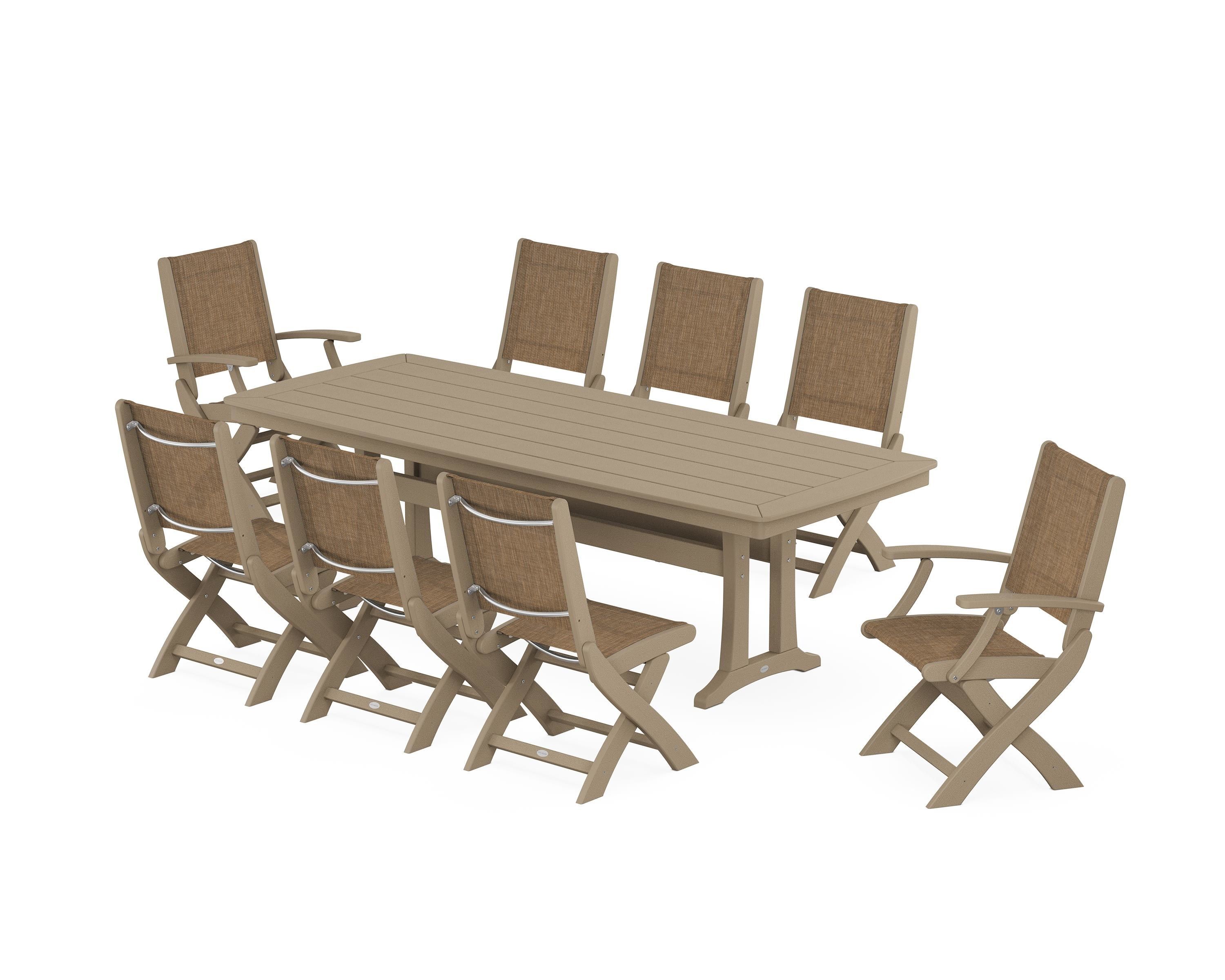 POLYWOOD Coastal Folding 9-Piece Dining Set with Trestle Legs in Vintage Sahara / Burlap Sling