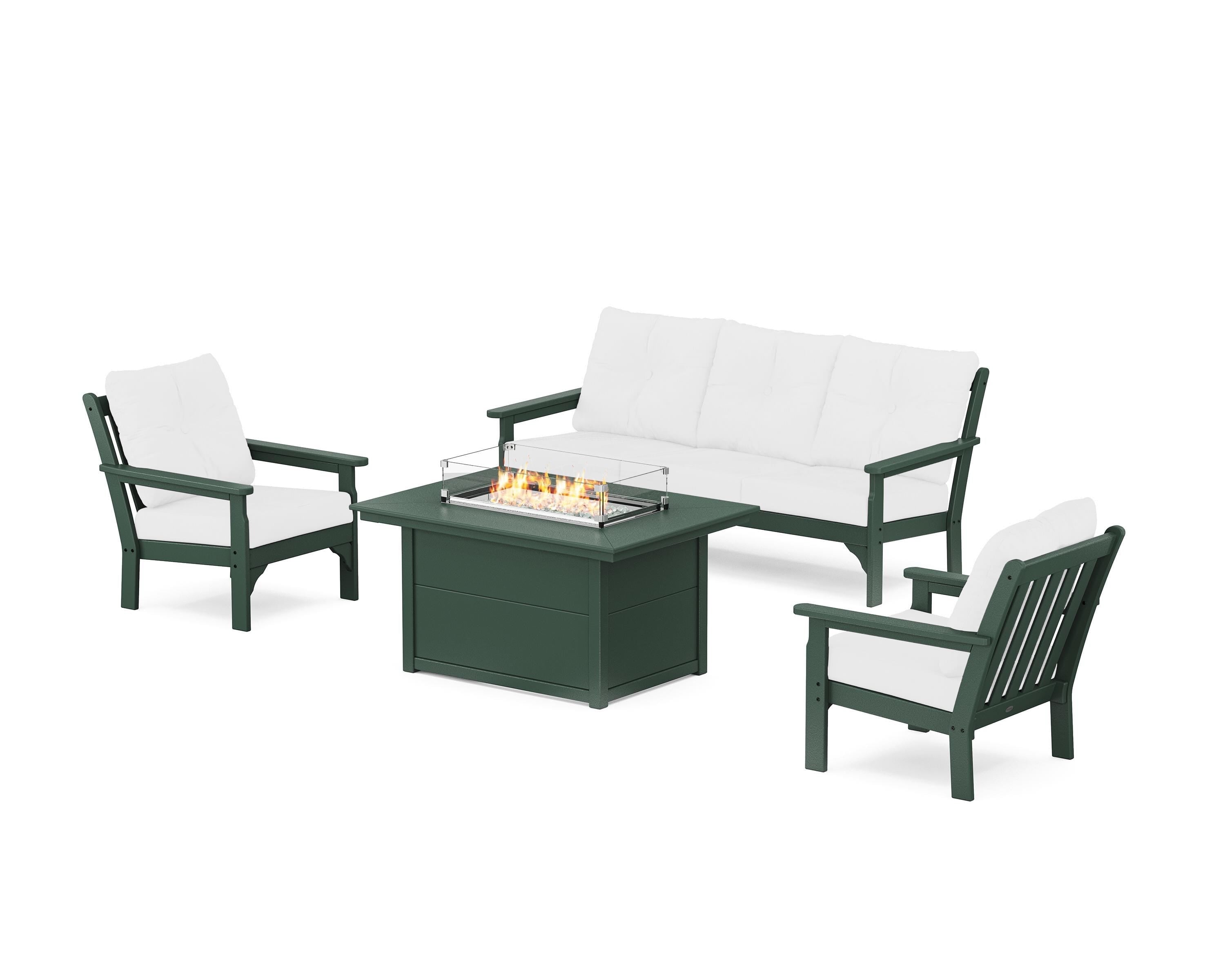 POLYWOOD Vineyard Deep Seating Fire Pit Table Set in Green / Natural