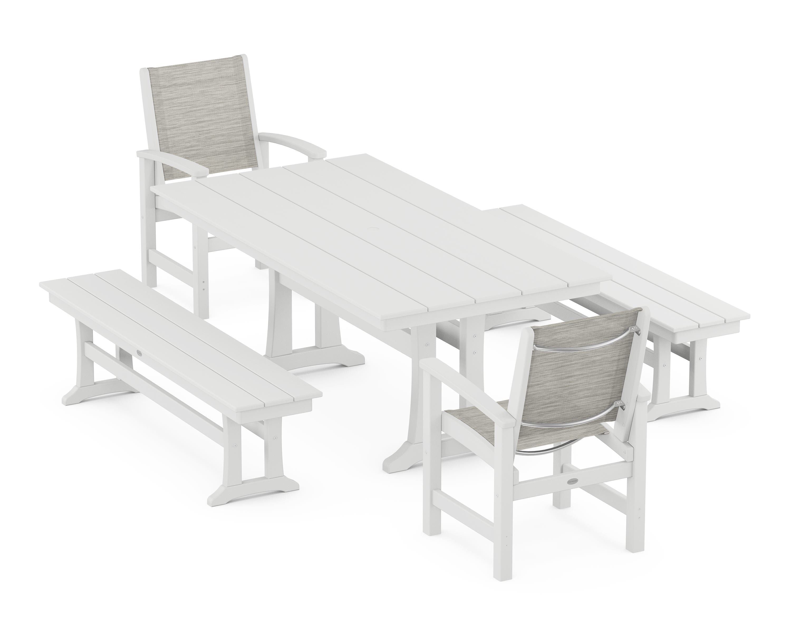 POLYWOOD Coastal 5-Piece Farmhouse Dining Set with Trestle Legs and Benches in White / Birch Sling