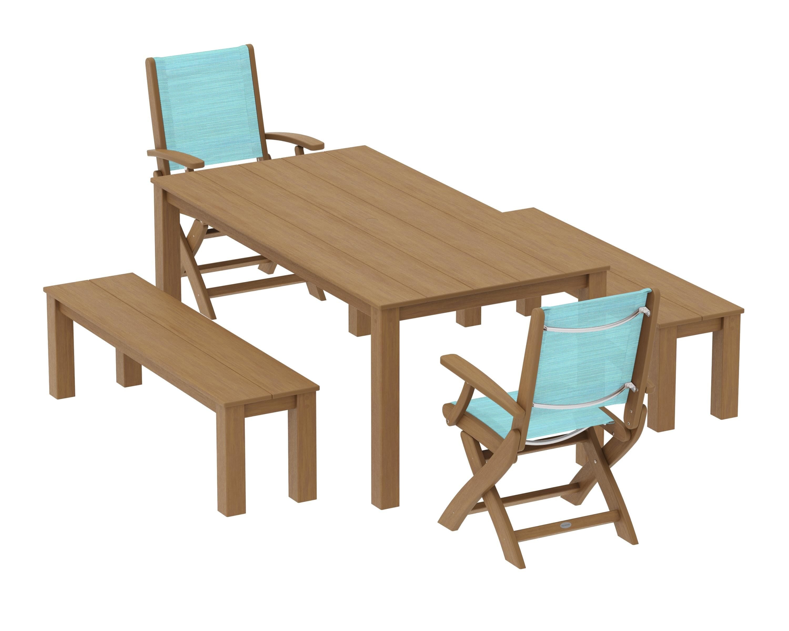POLYWOOD Coastal Folding Chair 5-Piece Parsons Dining Set with Benches in Natural / Dupioni Aquamarine Sling