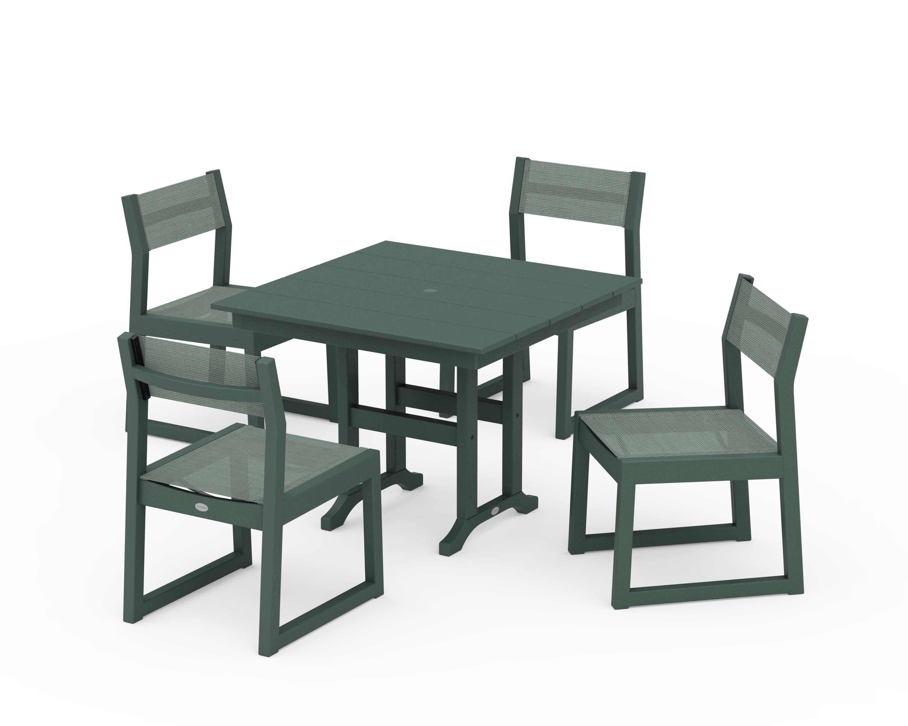 POLYWOOD EDGE Sling Side Chair 5-Piece Farmhouse Dining Set in Green / Dupioni Sea Mist Sling