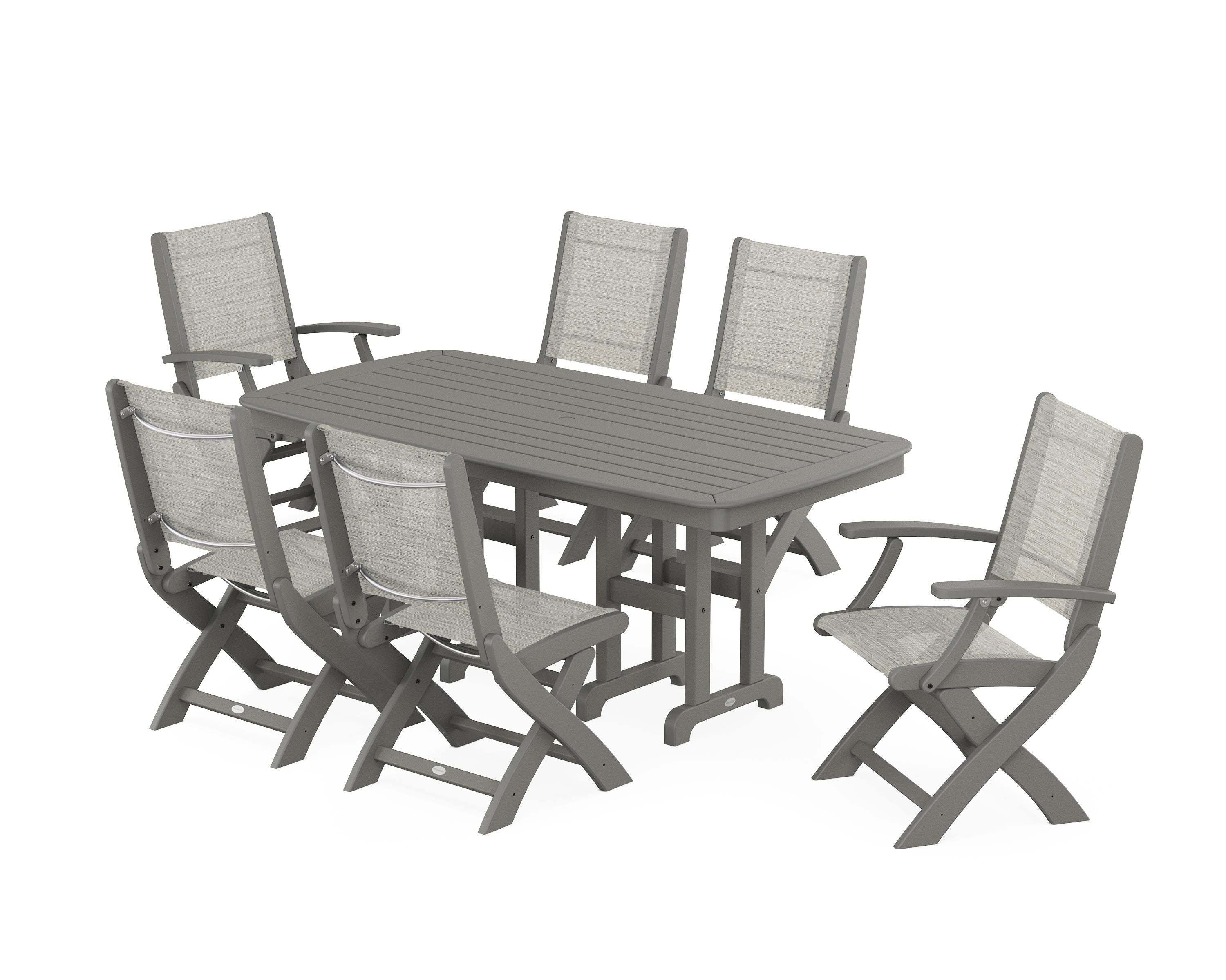 POLYWOOD Coastal Folding Chair 7-Piece Dining Set in Slate Grey / Birch Sling