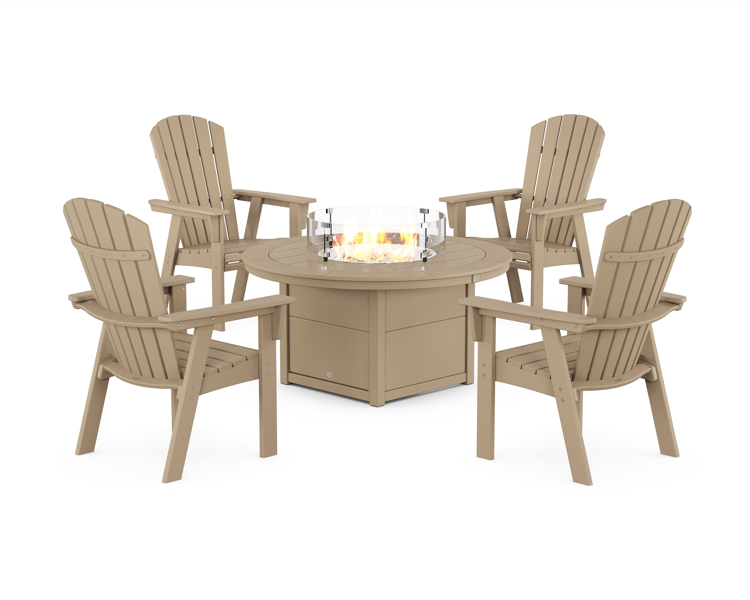 POLYWOOD® Nautical 4-Piece Curveback Upright Adirondack Conversation Set with Fire Pit Table in Vintage Sahara