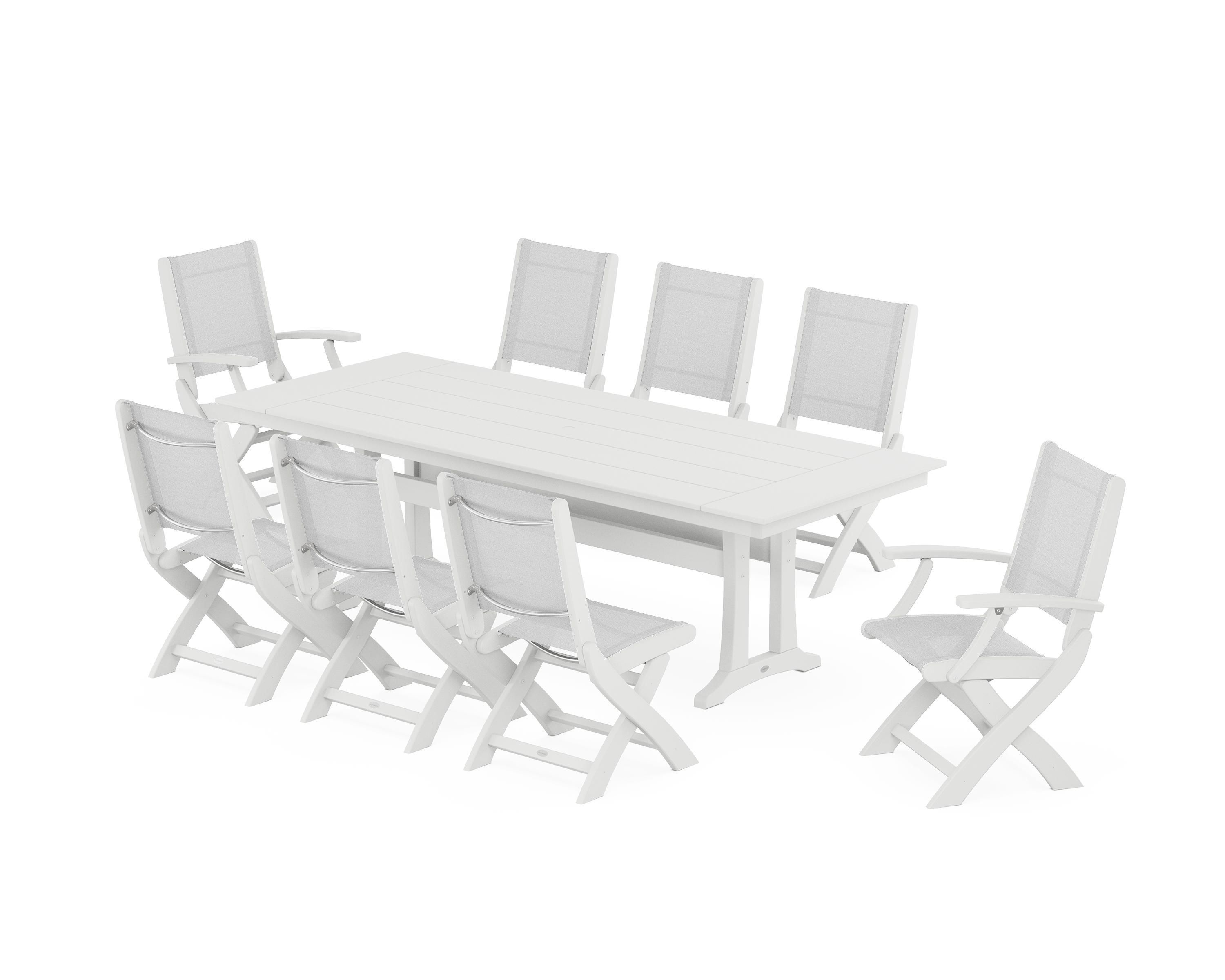 POLYWOOD Coastal 9-Piece Folding Dining Chair Farmhouse Dining Set with Trestle Legs in White / White Sling