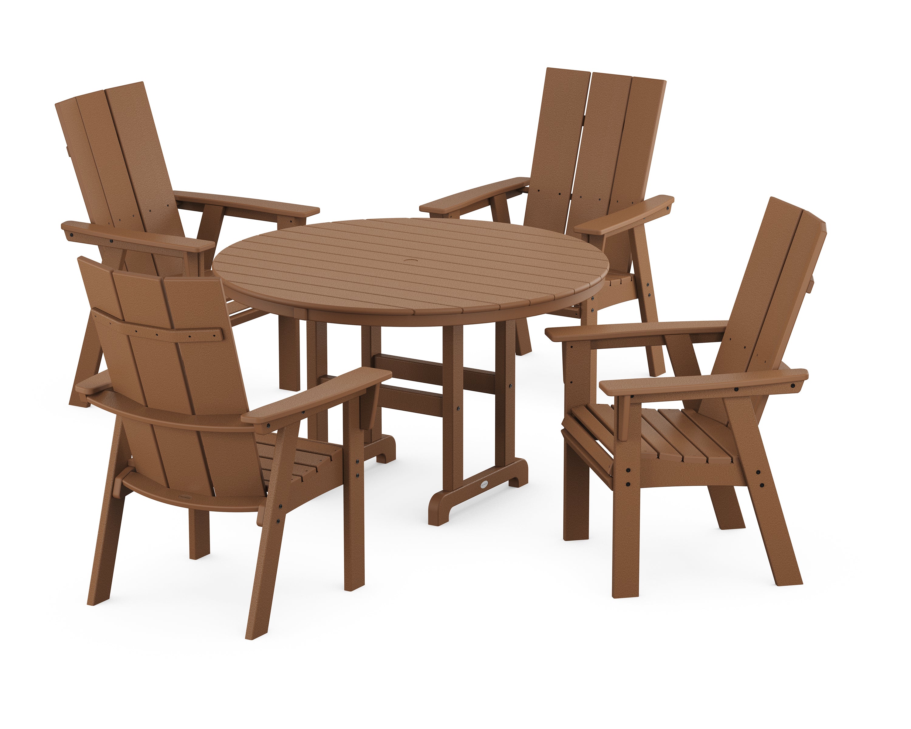 POLYWOOD® Modern Curveback Adirondack 5-Piece Round Farmhouse Dining Set in Teak