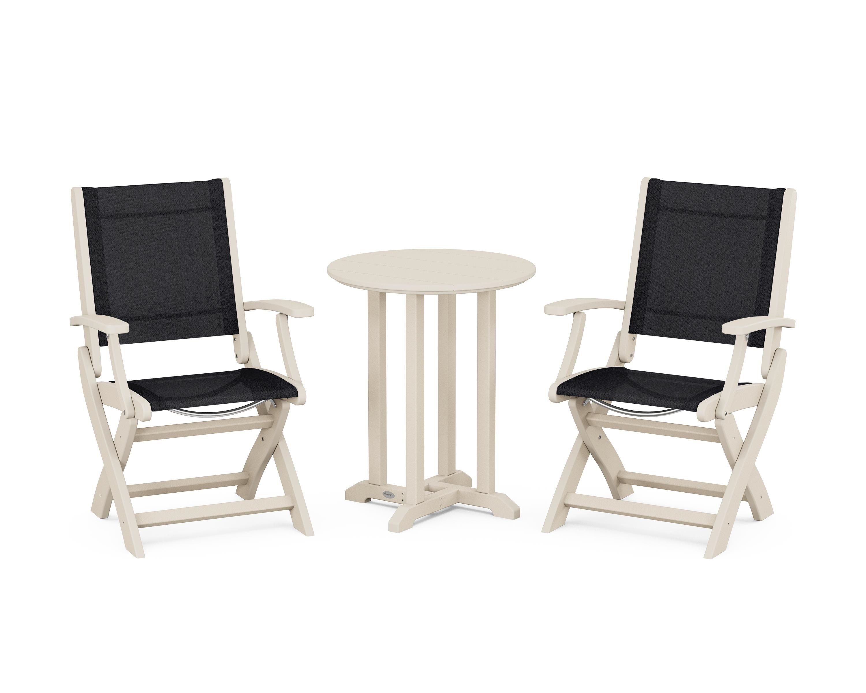 POLYWOOD Coastal Folding 3-Piece Round Bistro Dining Set in Sand / Black Sling