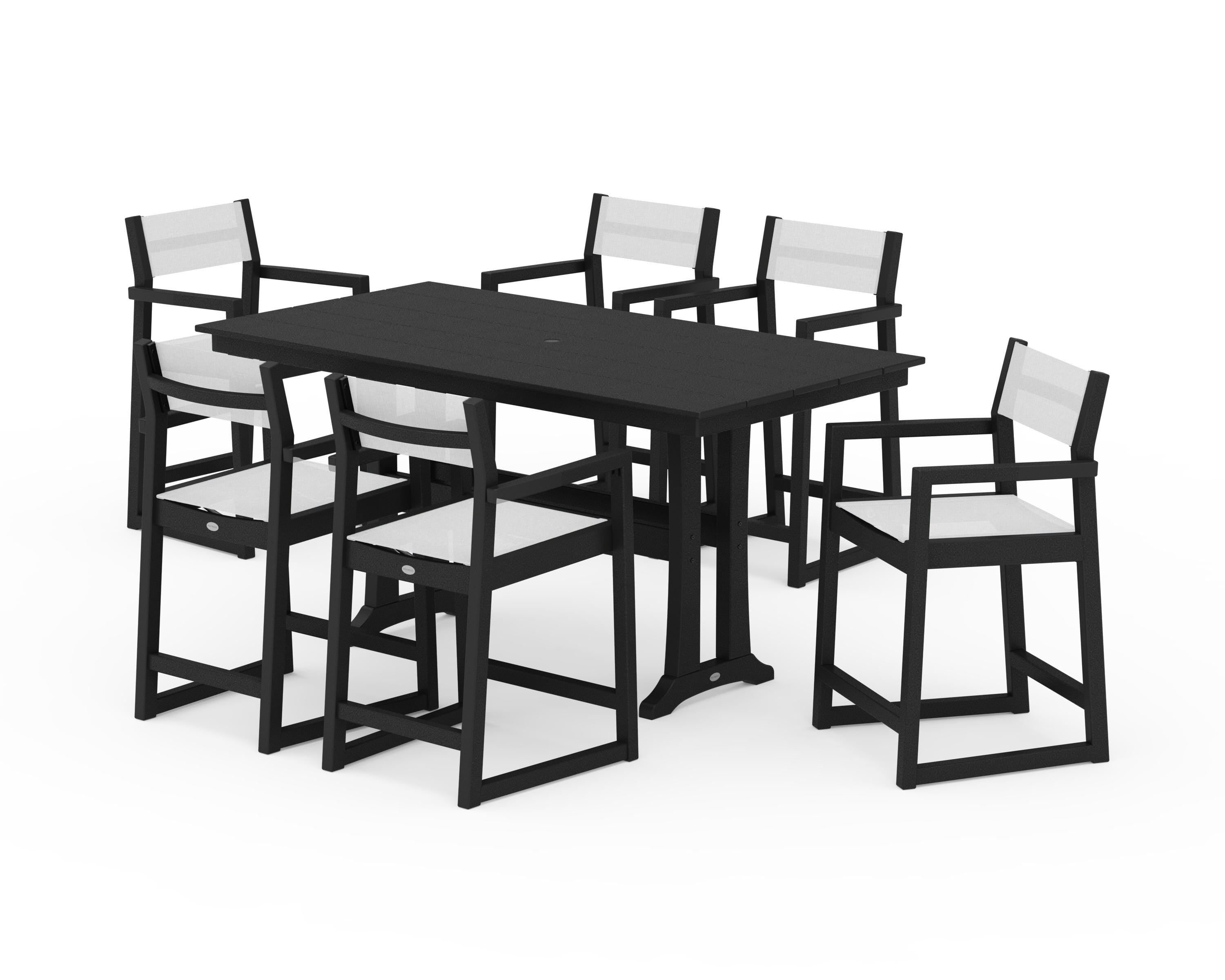 POLYWOOD EDGE Sling Arm Chair 7-Piece Farmhouse Counter Set with Trestle Legs in Black / White Sling