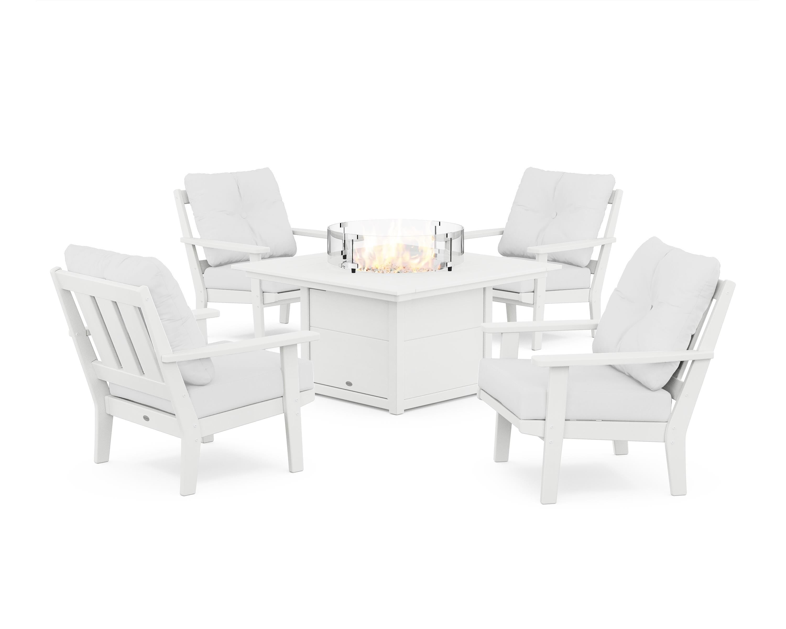 POLYWOOD Oxford 5-Piece Deep Seating Set with Fire Pit Table in White / Natural