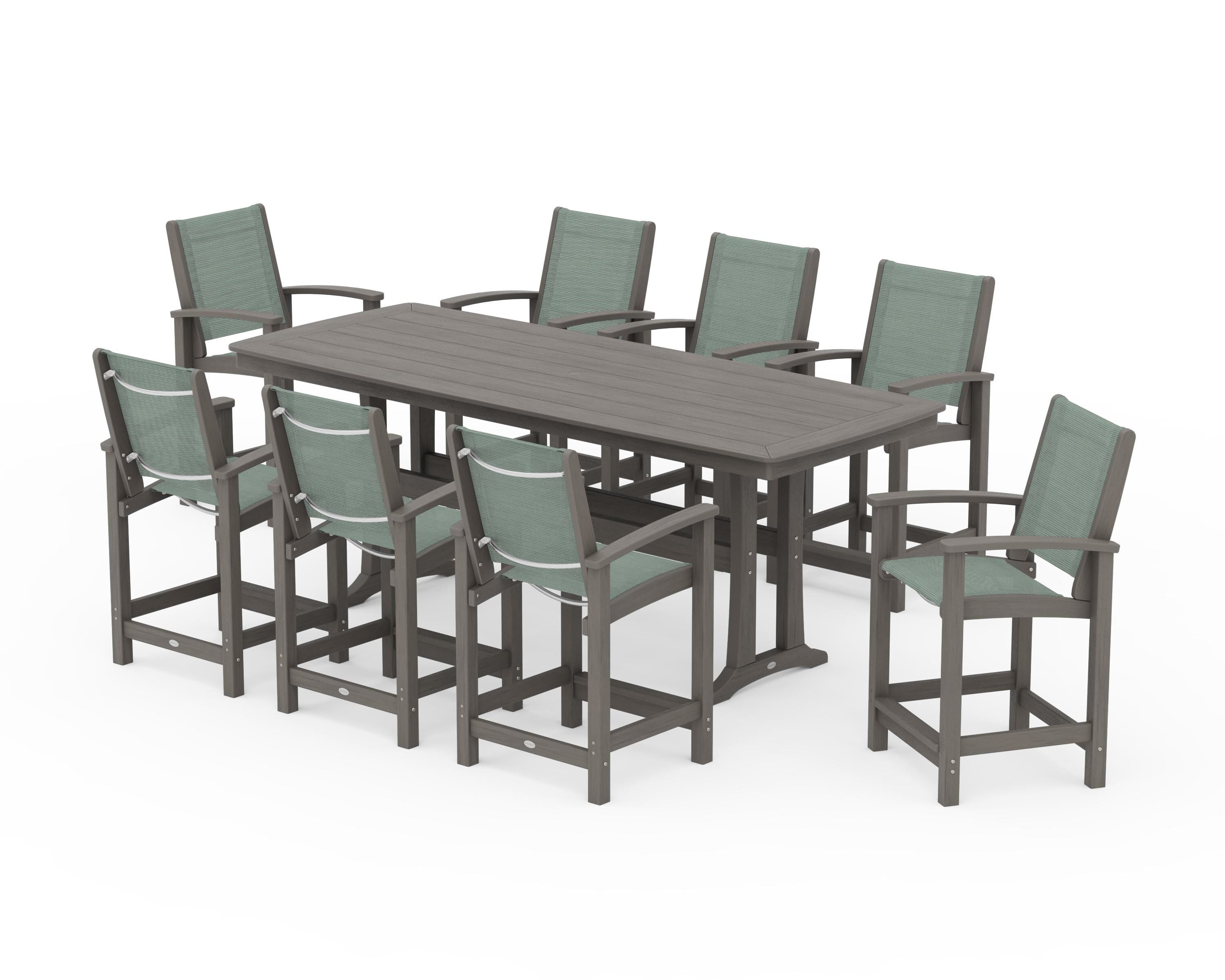POLYWOOD Coastal 9-Piece Counter Set with Trestle Legs in Driftwood / Dupioni Sea Mist Sling