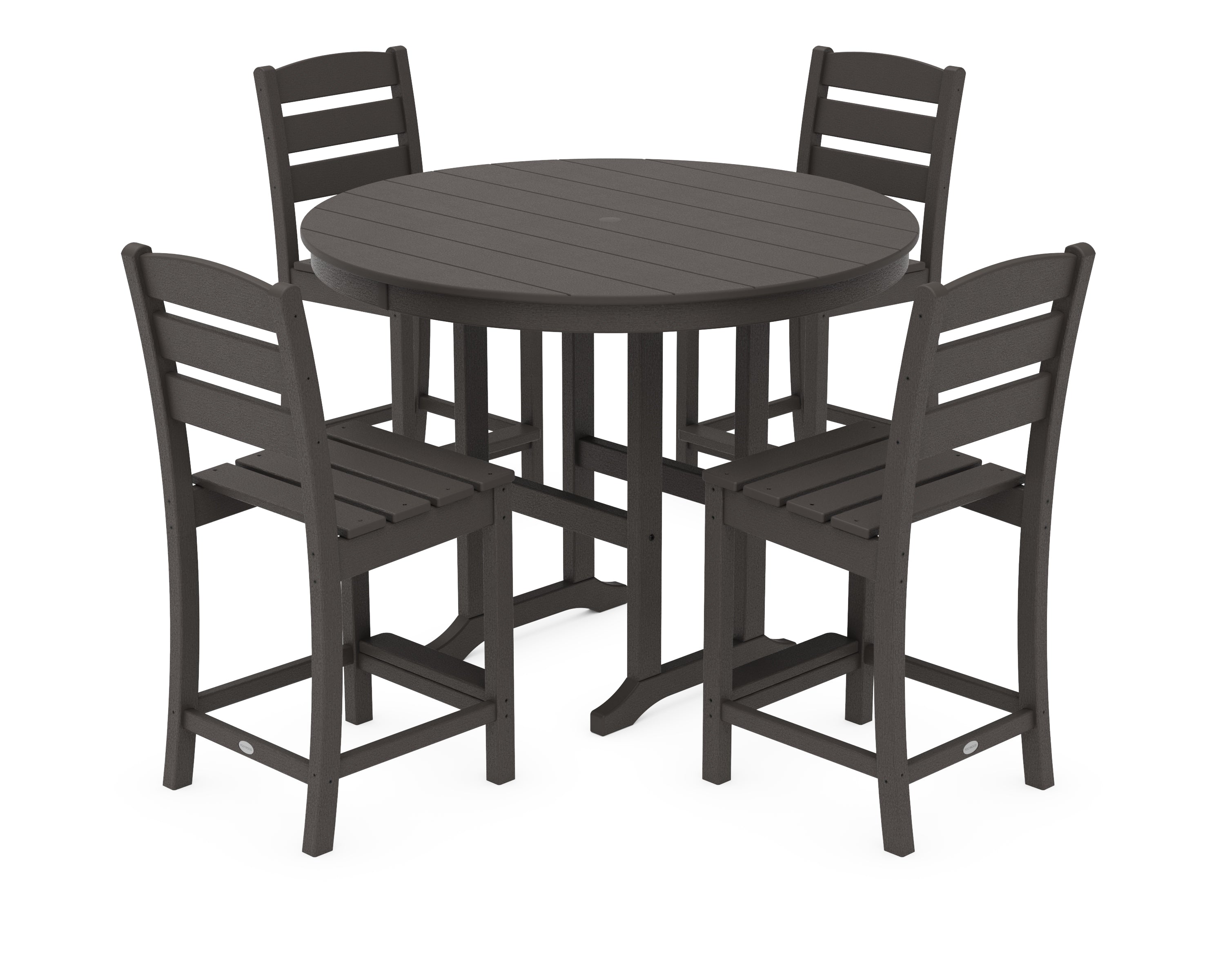 POLYWOOD Lakeside 5-Piece Farmhouse Round Side Chair Counter  Set in Vintage Coffee