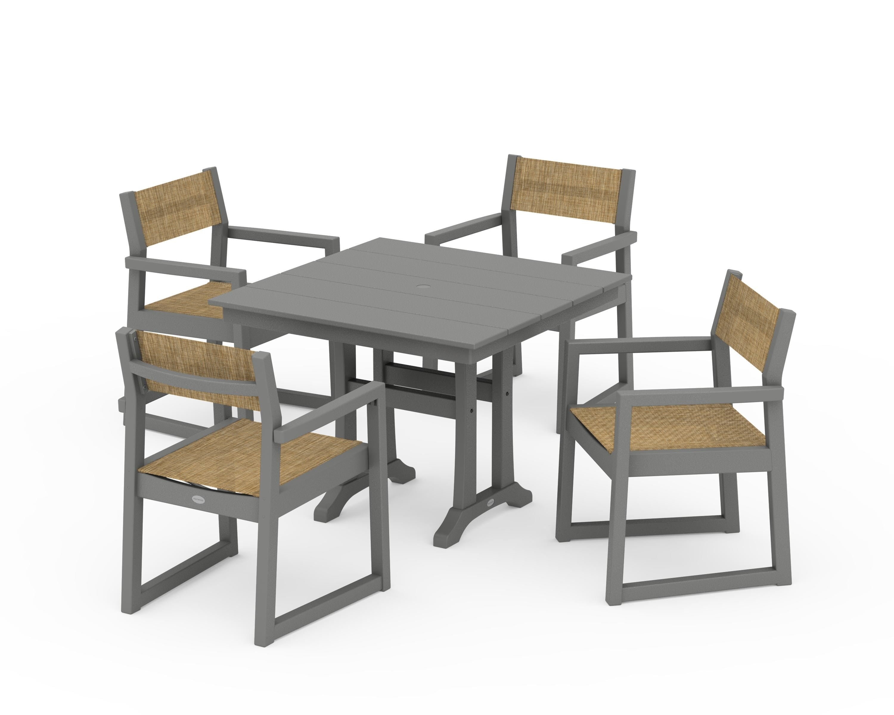 POLYWOOD EDGE Sling 5-Piece Farmhouse Dining Set with Trestle Legs in Slate Grey / Burlap Sling