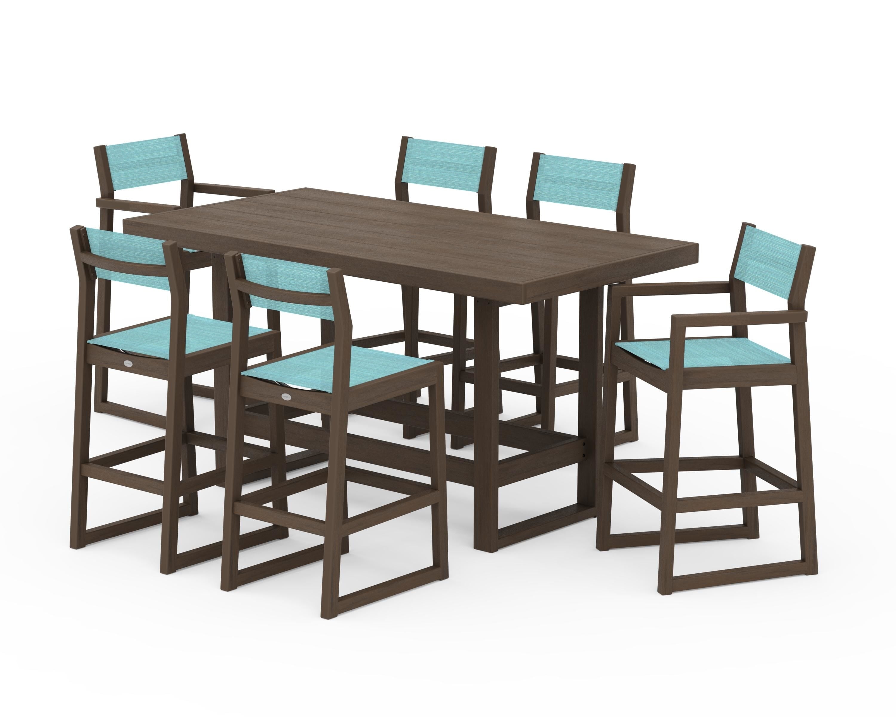 POLYWOOD EDGE Sling 7-Piece Bar Table Set in Kona / Dupioni Aquamarine Sling