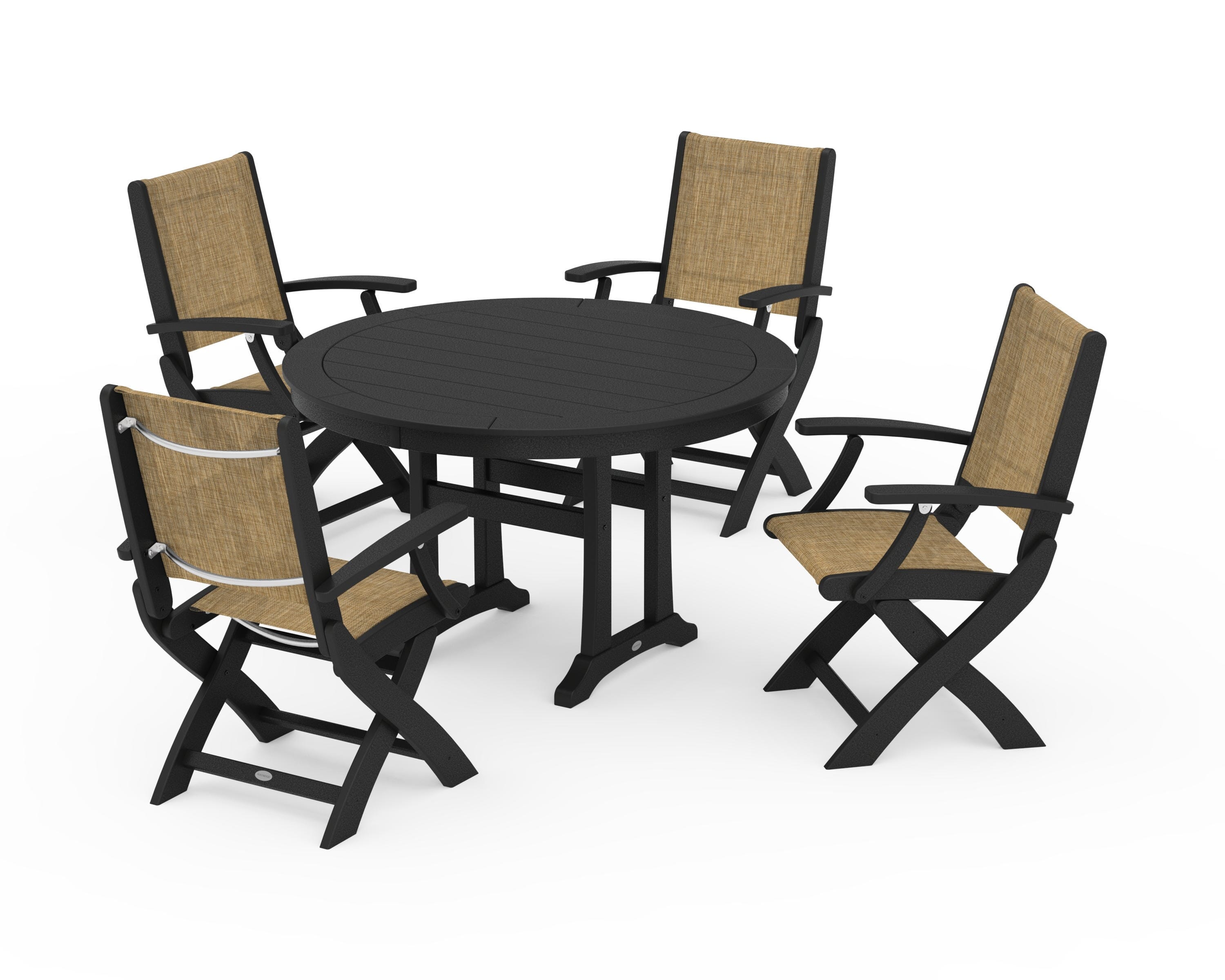 POLYWOOD Coastal Folding Chair 5-Piece Round Dining Set with Trestle Legs in Black / Burlap Sling