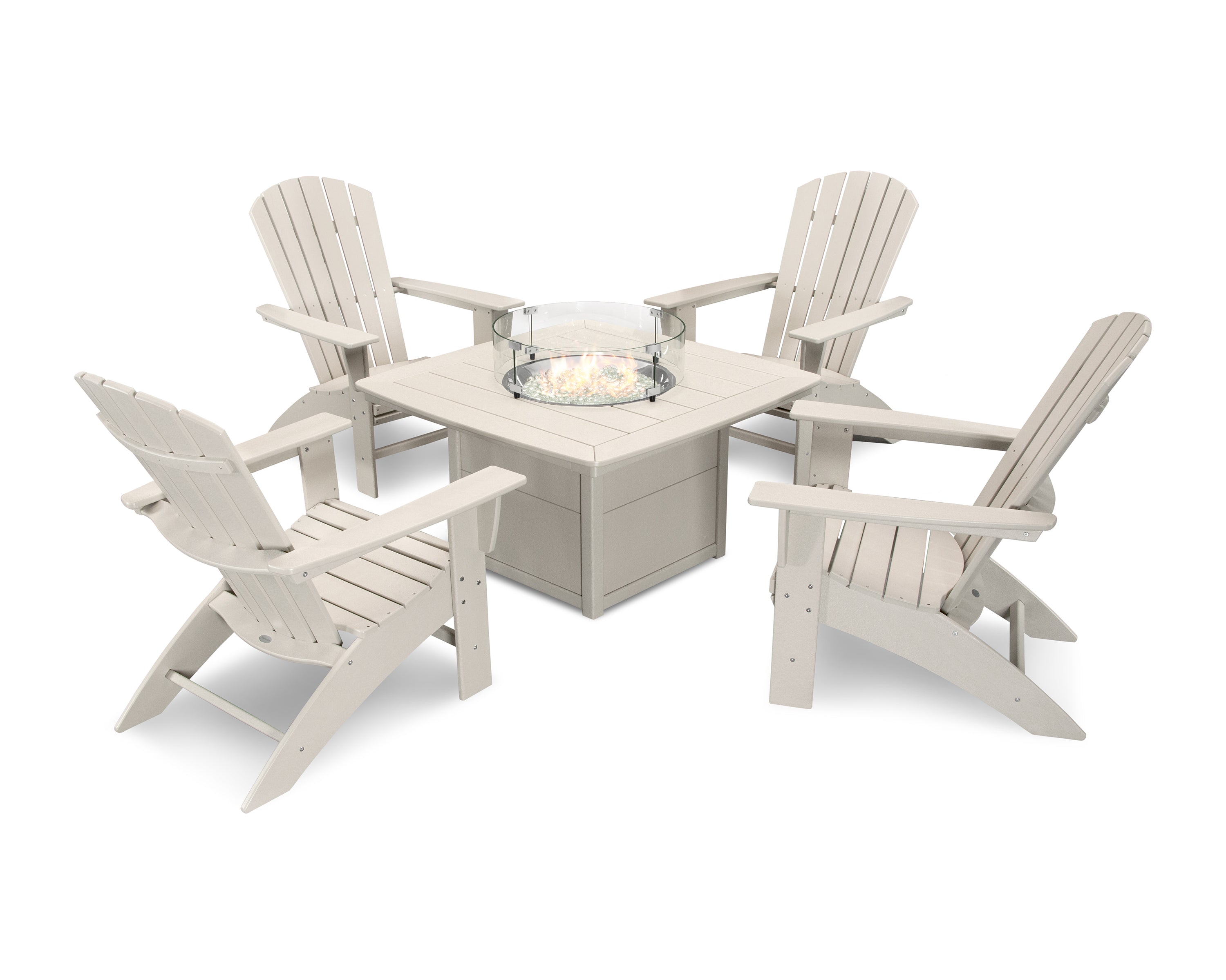 POLYWOOD® Nautical Curveback Adirondack 5-Piece Conversation Set with Fire Pit Table in Sand