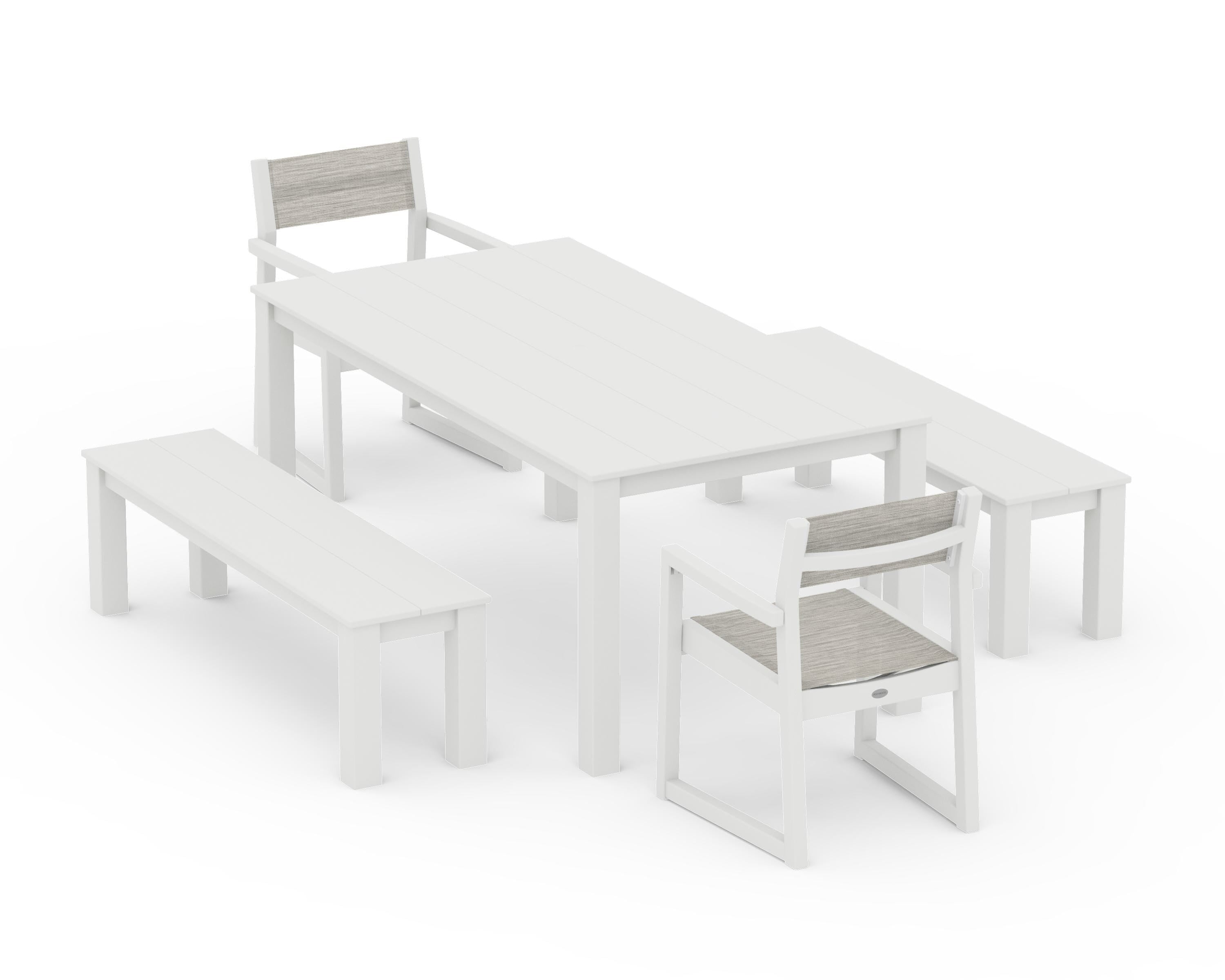 POLYWOOD EDGE Sling Arm Chair 5-Piece Parsons Dining Set with Benches in Vintage White / Birch Sling