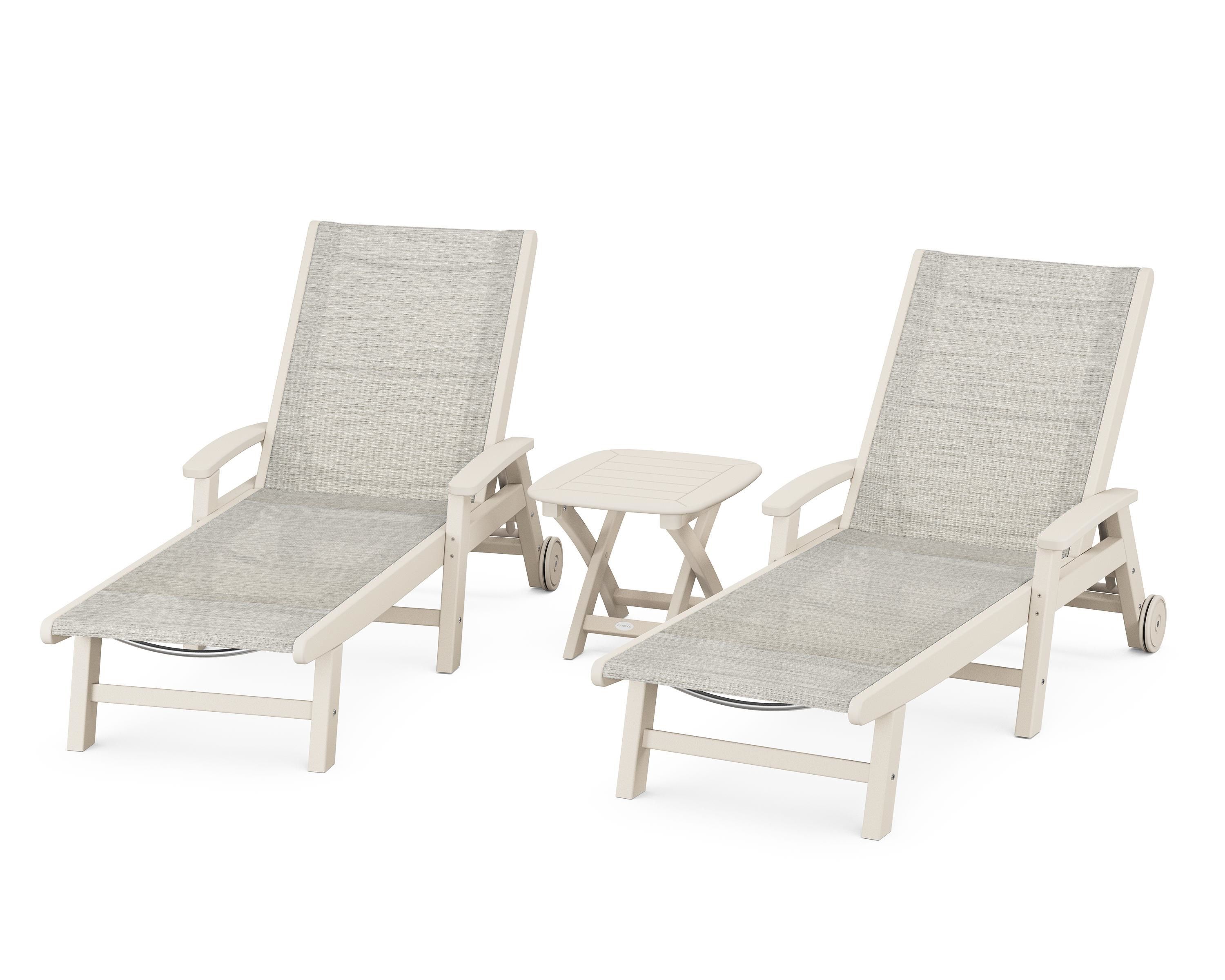 POLYWOOD Coastal 3-Piece Wheeled Chaise Set in Sand / Birch Sling