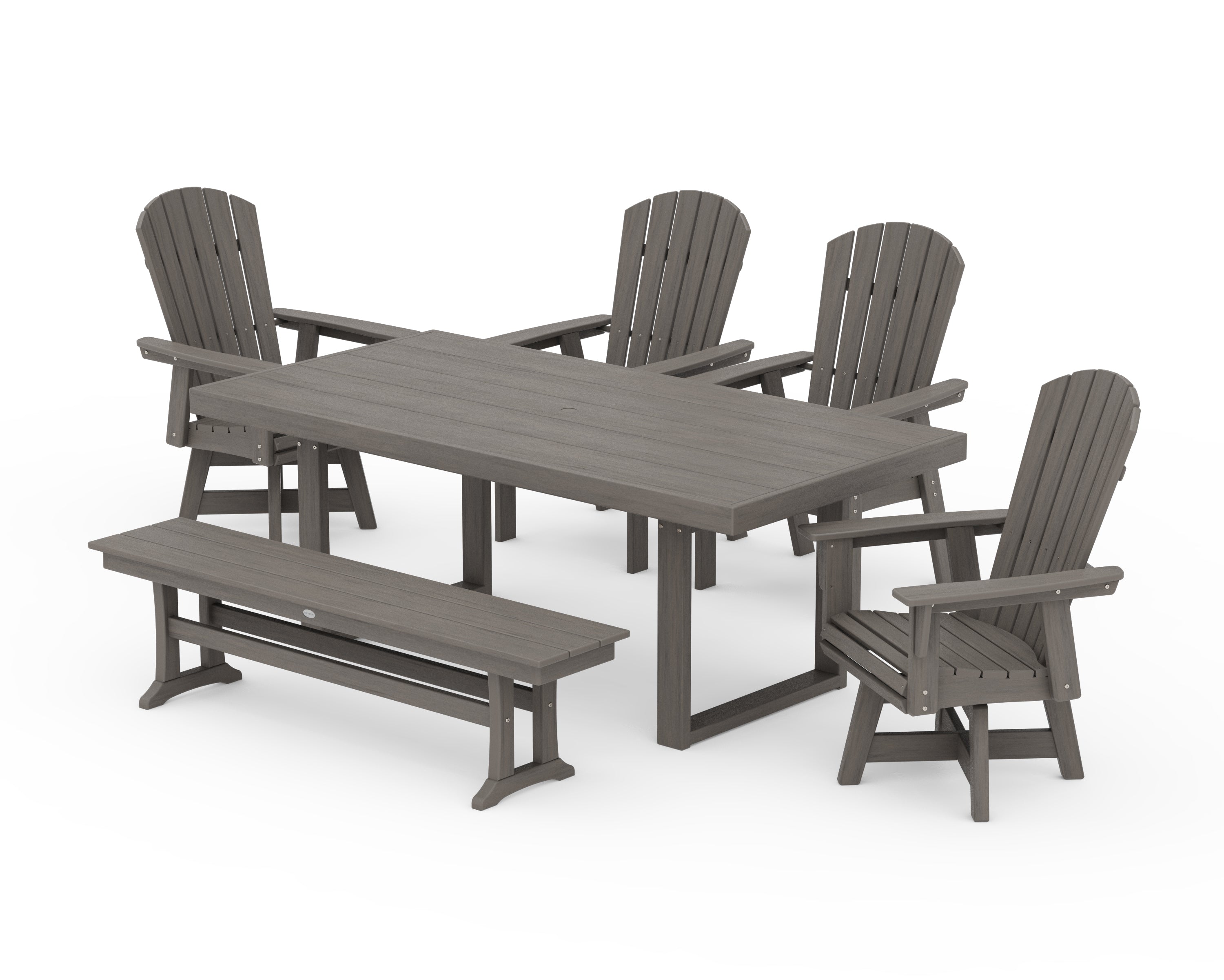 POLYWOOD Nautical Curveback Adirondack Swivel Chair 6-Piece Dining Set with Bench in Driftwood