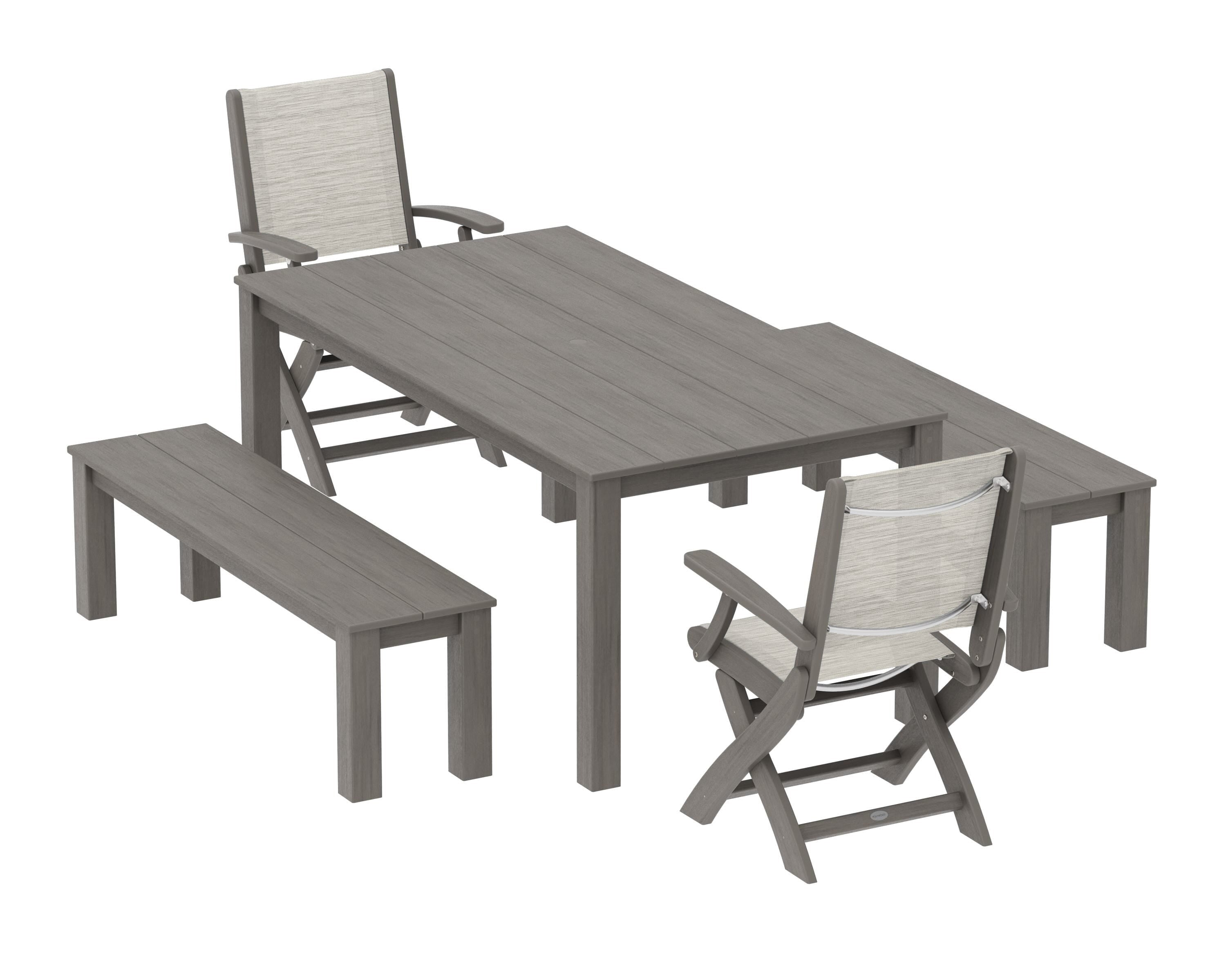 POLYWOOD Coastal Folding Chair 5-Piece Parsons Dining Set with Benches in Driftwood / Birch Sling