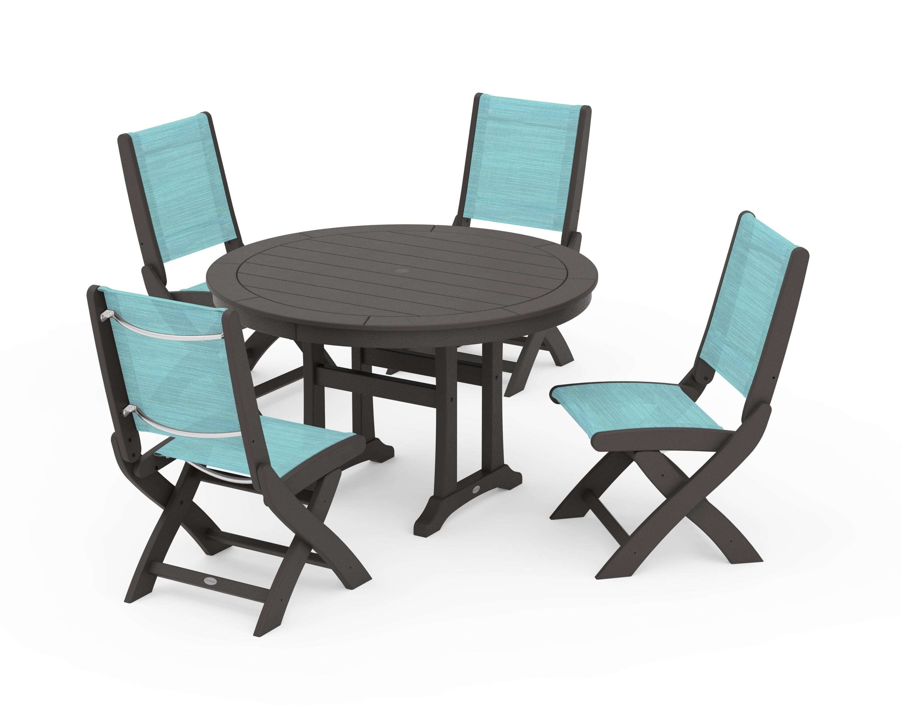 POLYWOOD Coastal Folding Side Chair 5-Piece Round Dining Set With Trestle Legs in Vintage Coffee / Dupioni Aquamarine Sling