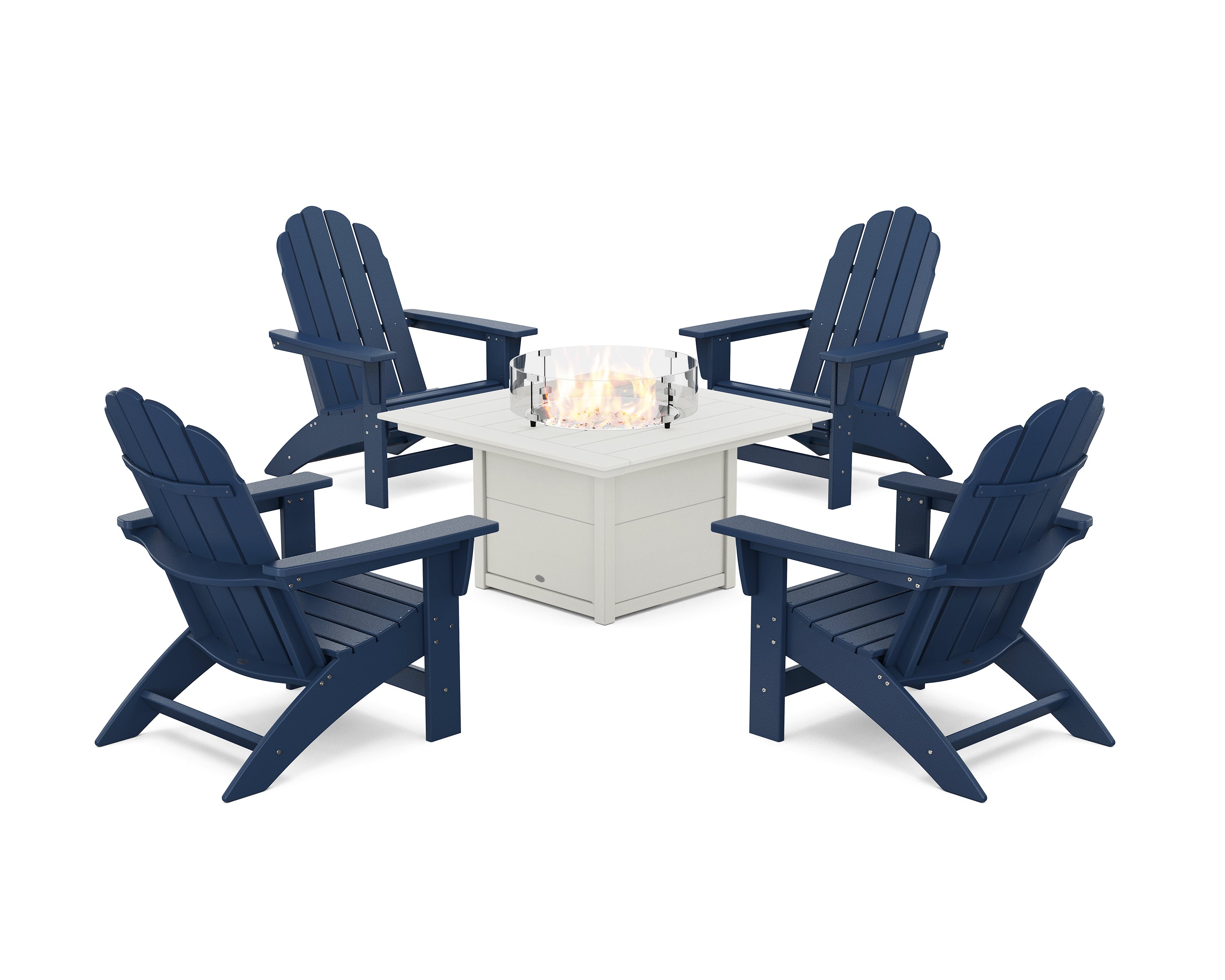 POLYWOOD® 5-Piece Vineyard Grand Adirondack Conversation Set with Fire Pit Table in Navy / White