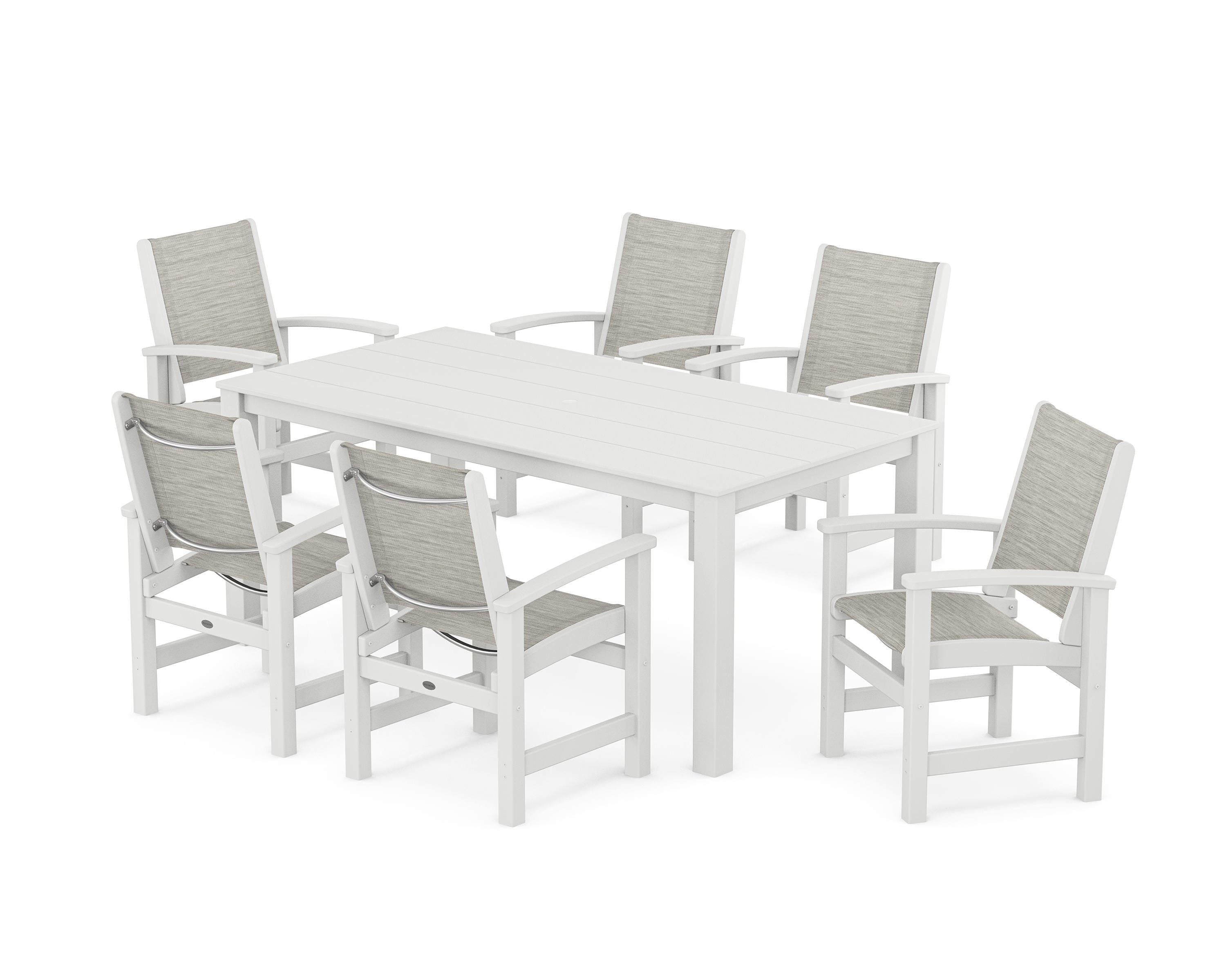 POLYWOOD Coastal 7-Piece Parsons Dining Set in White / Birch Sling