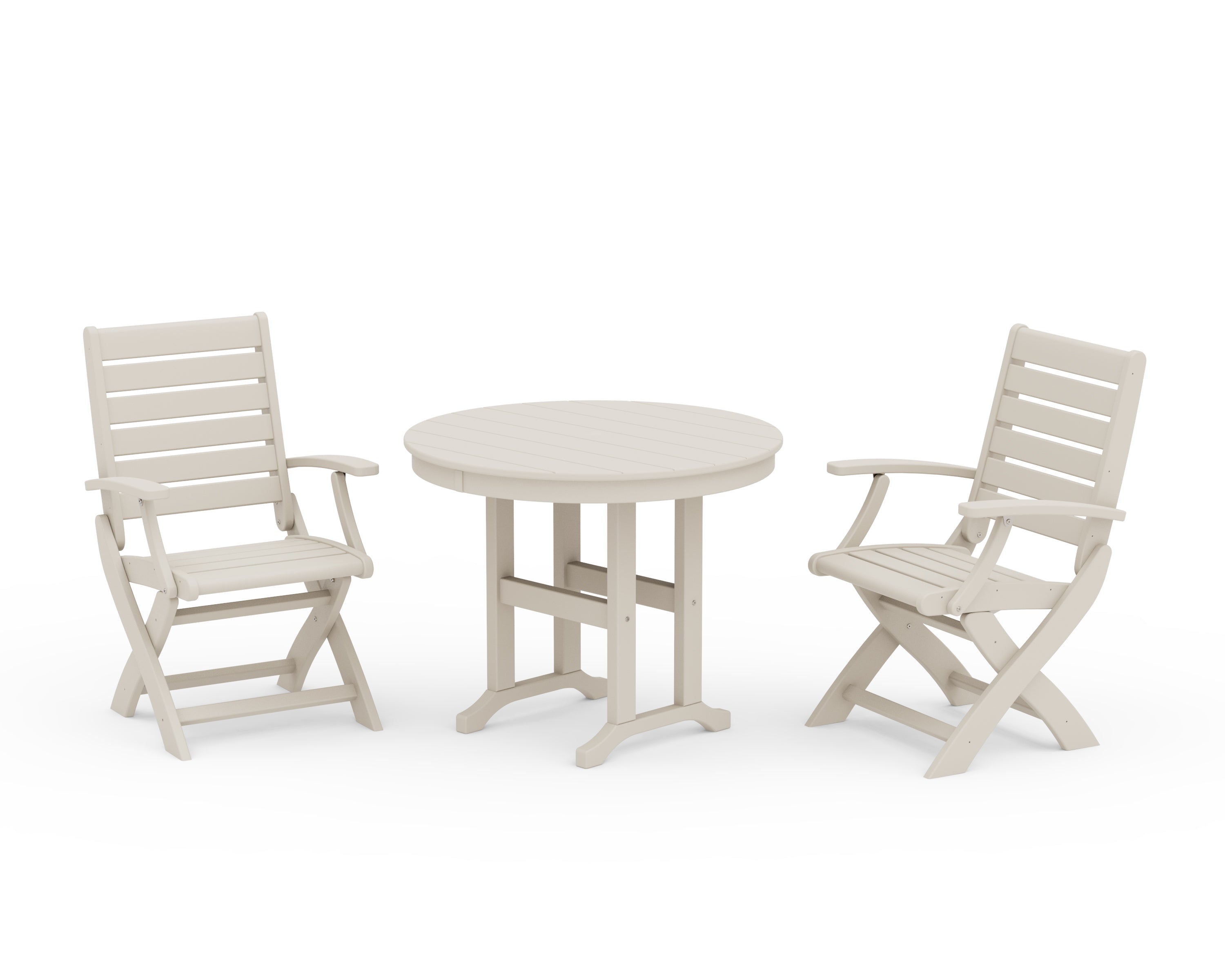 POLYWOOD Signature Folding Chair 3-Piece Round Farmhouse Dining Set in Sand