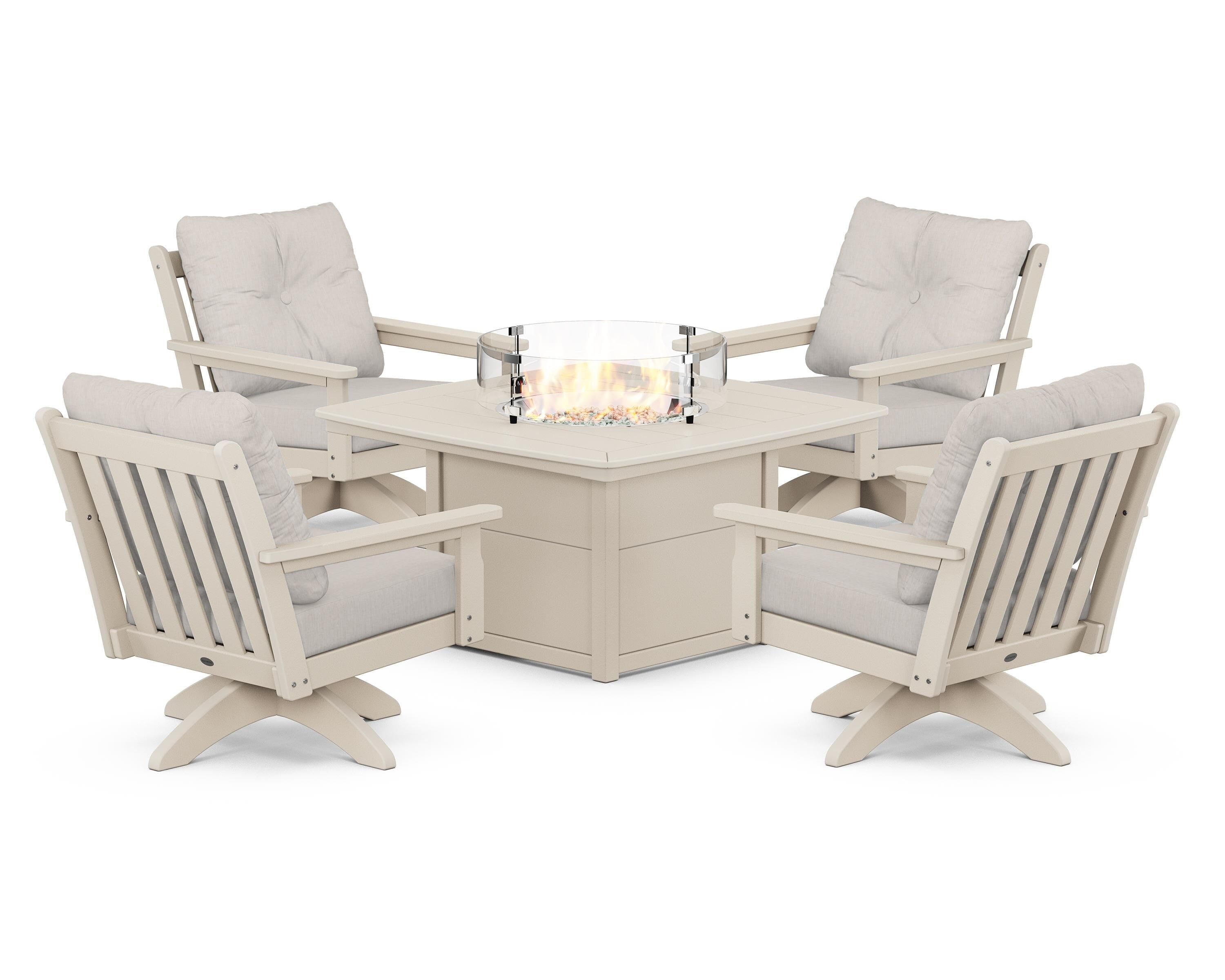POLYWOOD Vineyard 5-Piece Deep Seating Swivel Conversation Set with Fire Pit Table in Sand / Cast Ash