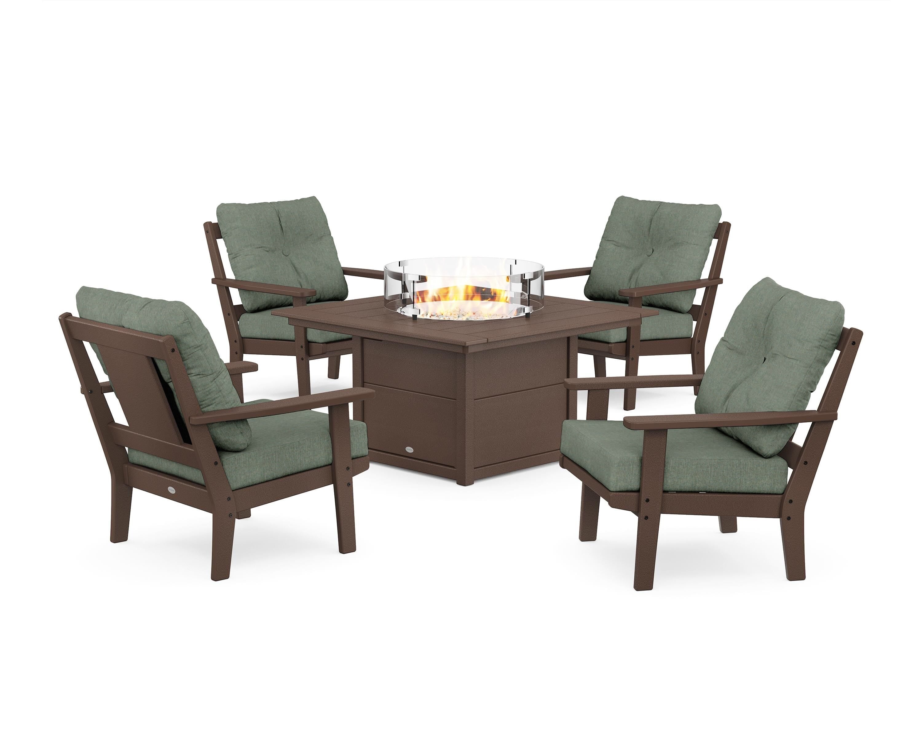 POLYWOOD Prairie 5-Piece Deep Seating Set with Fire Pit Table in Mahogany / Cast Sage