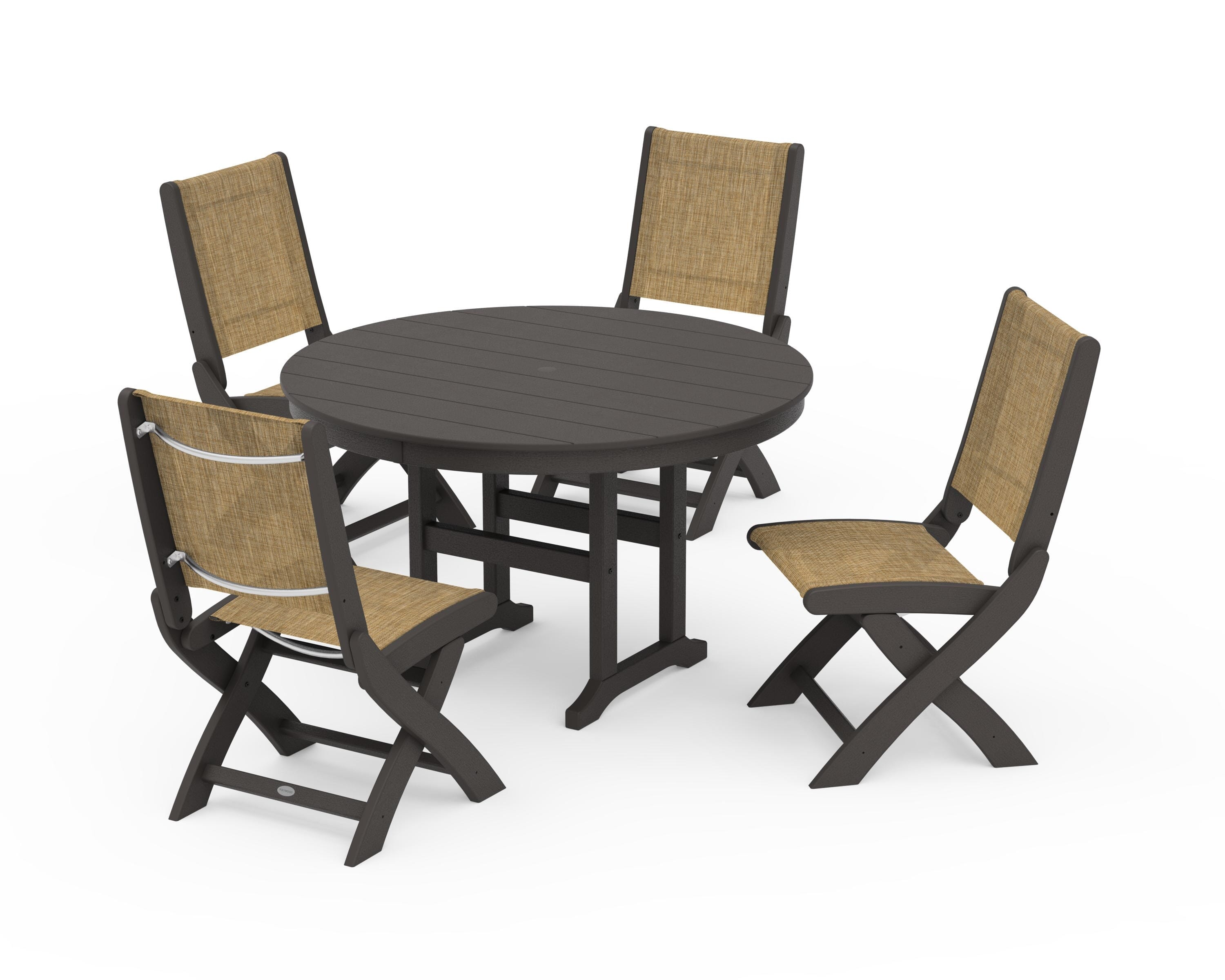 POLYWOOD Coastal Folding Side Chair 5-Piece Round Dining Set in Vintage Coffee / Burlap Sling