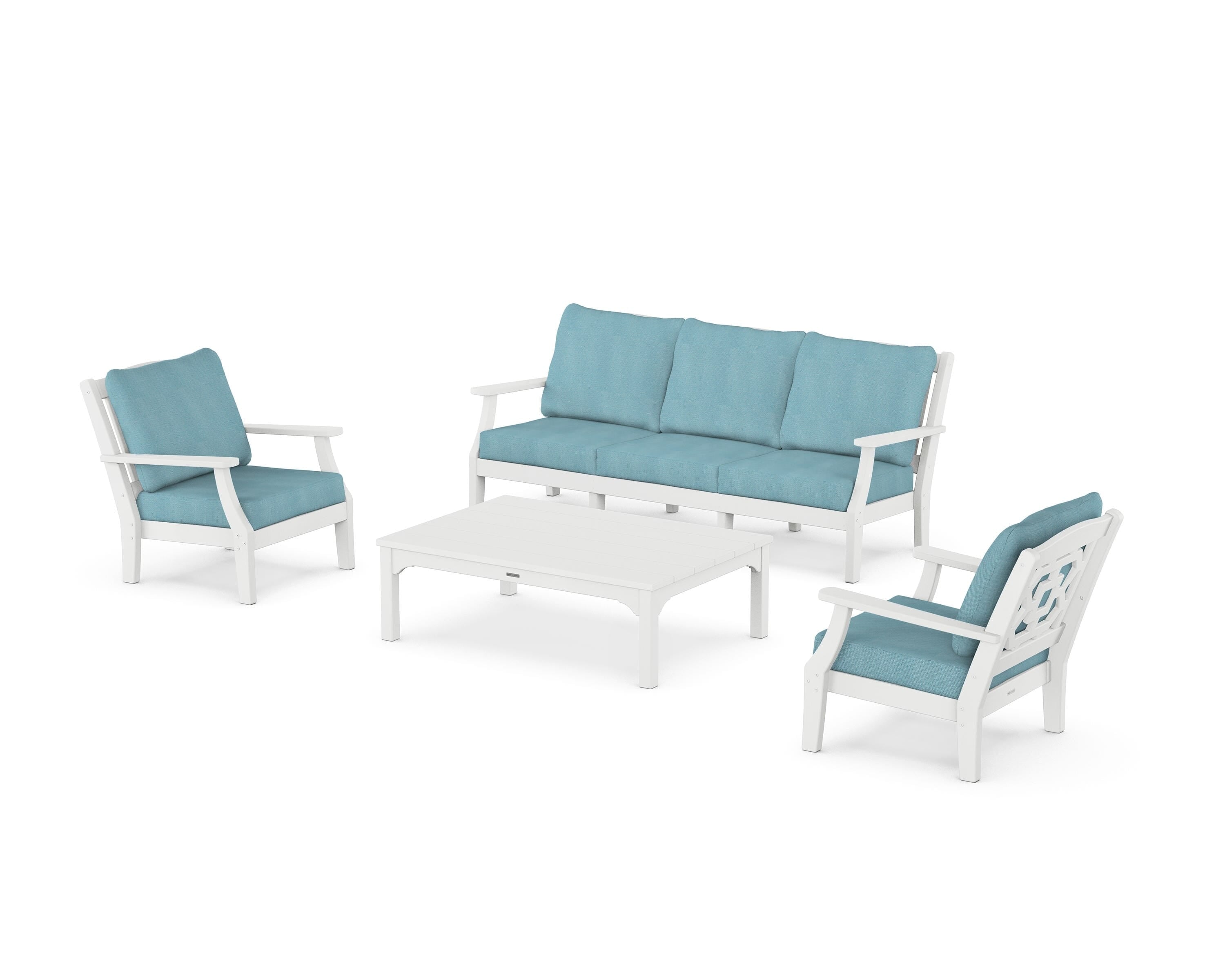 Martha Stewart by POLYWOOD Chinoiserie 4-Piece Deep Seating Set with Sofa in White / Lattice Sky Blue
