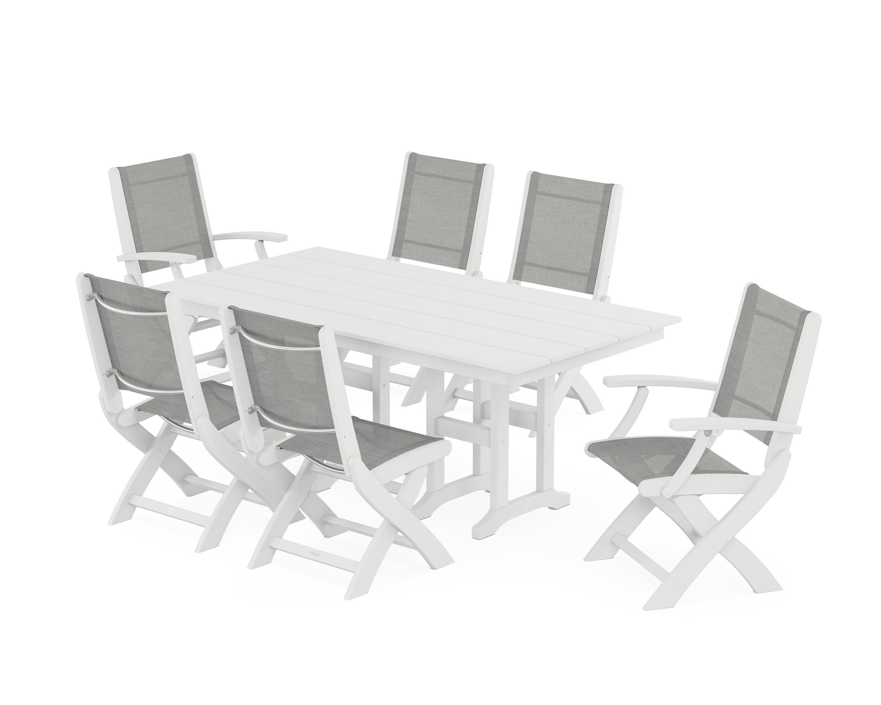 POLYWOOD Coastal Folding Chair 7-Piece Farmhouse Dining Set in White / Metallic Sling