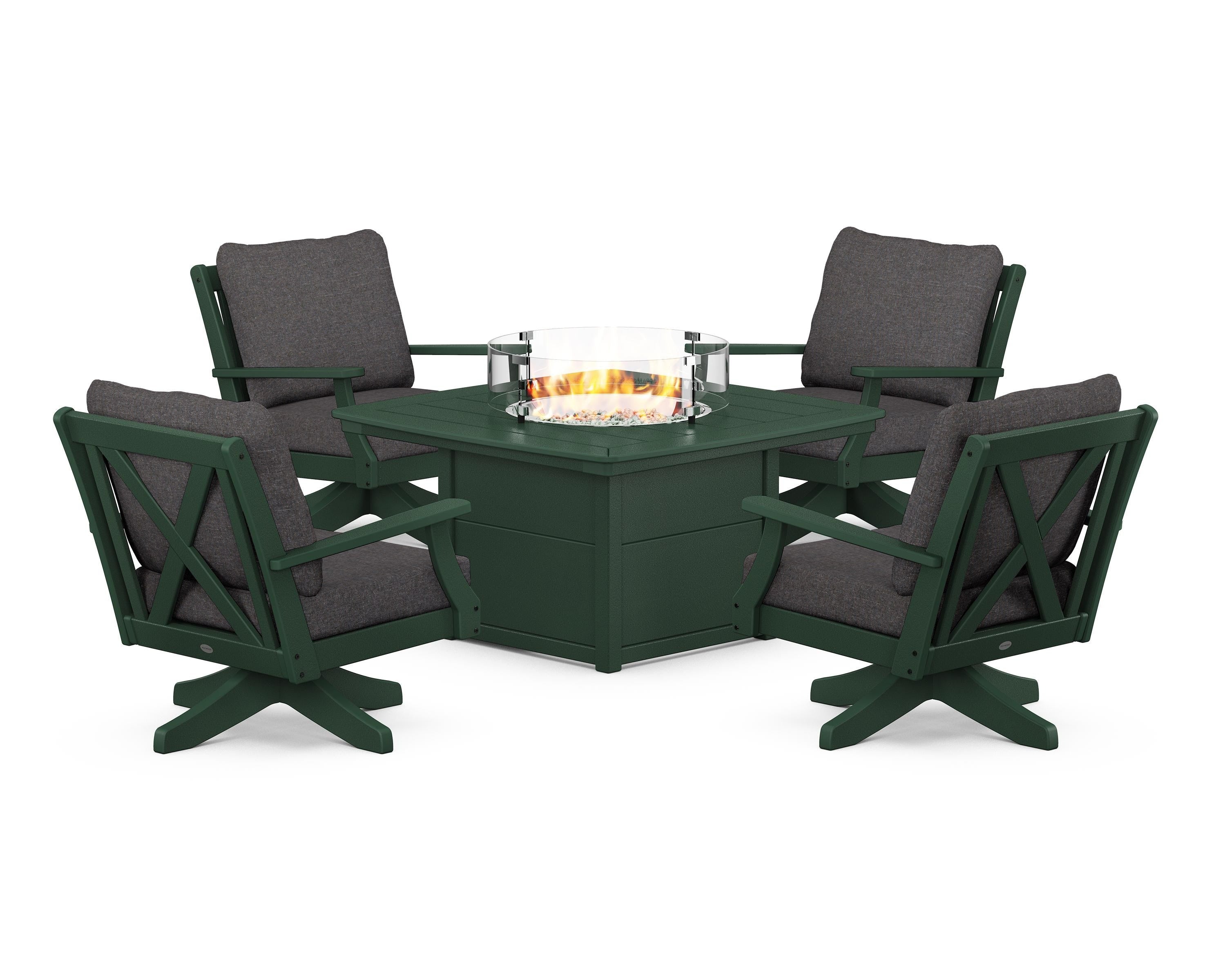 POLYWOOD Braxton 5-Piece Deep Seating Swivel Conversation Set with Fire Pit Table in Green / Ash Charcoal