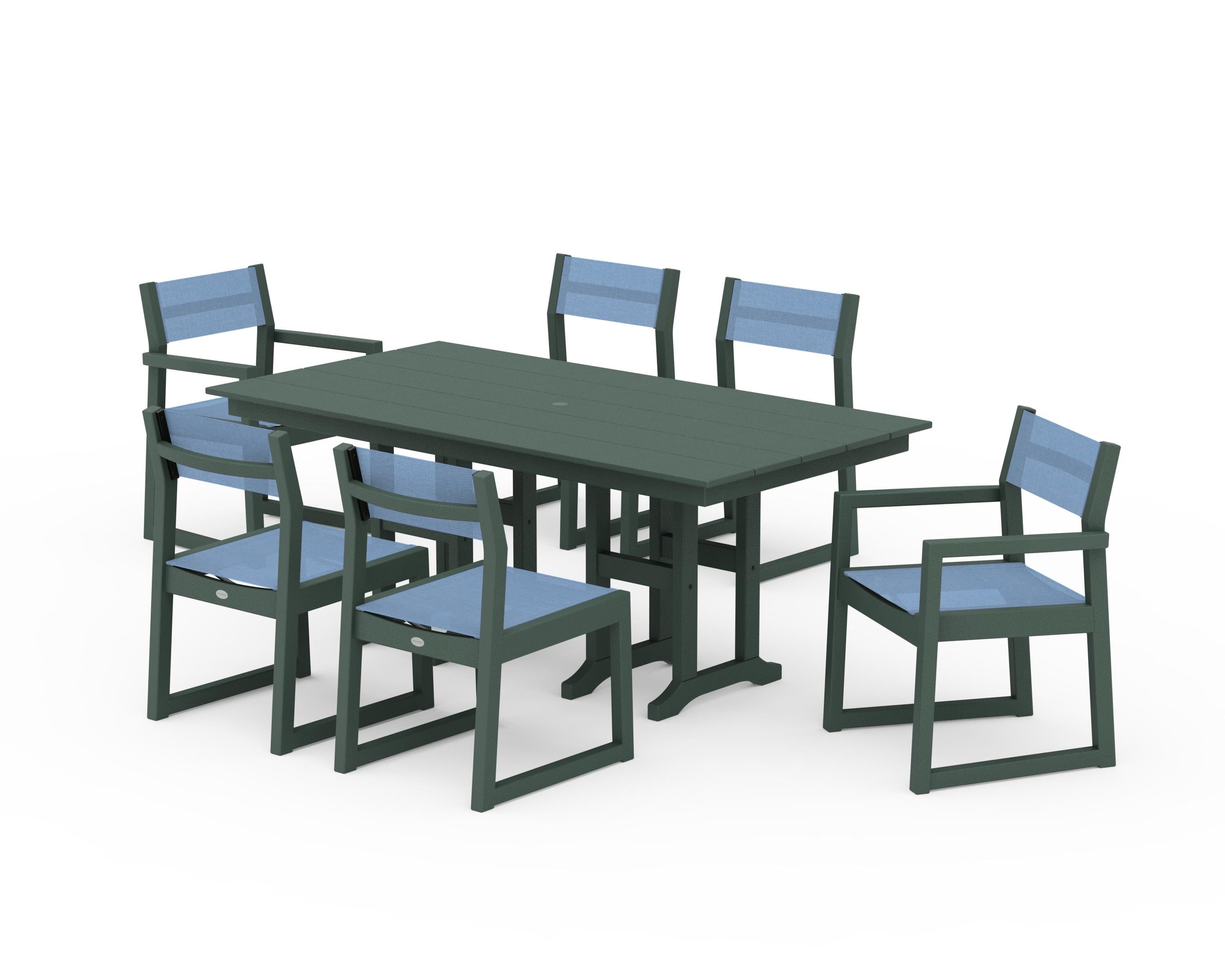 POLYWOOD EDGE Sling 7-Piece Farmhouse Dining Set in Green / Poolside Sling