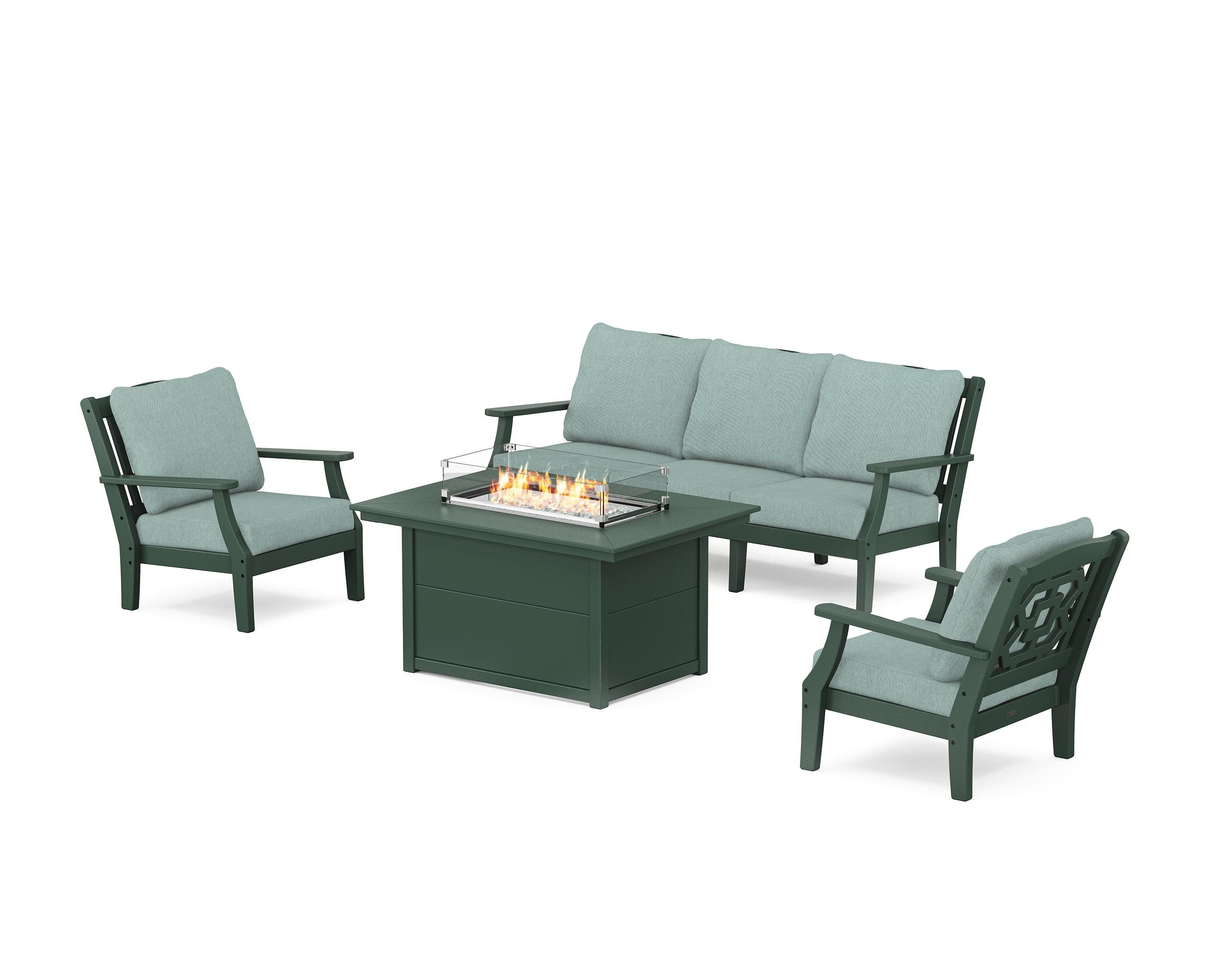 Martha Stewart by POLYWOOD Chinoiserie Deep Seating Fire Pit Table Set in Green / Glacier Spa