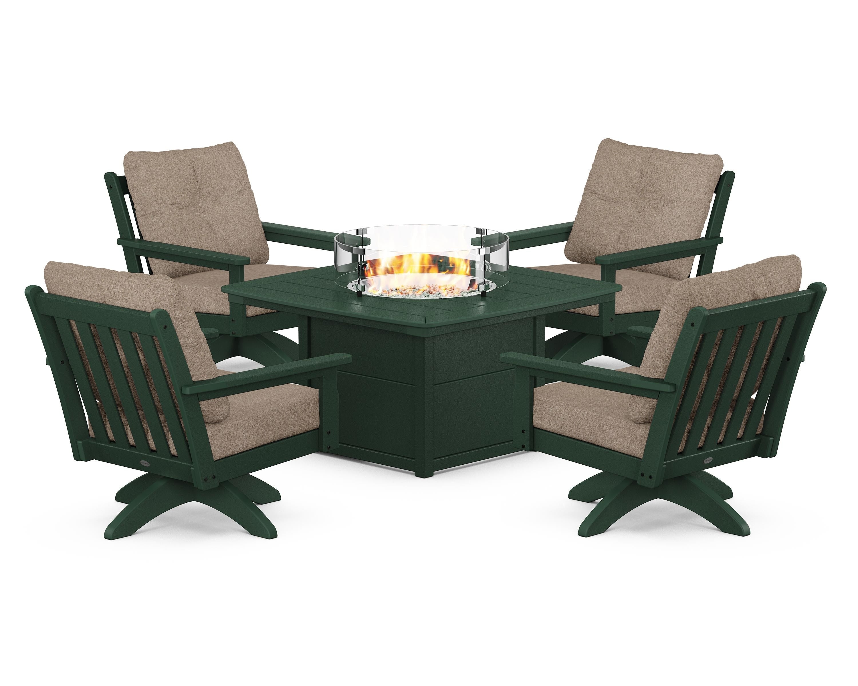 POLYWOOD Vineyard 5-Piece Deep Seating Swivel Conversation Set with Fire Pit Table in Green / Spiced Burlap