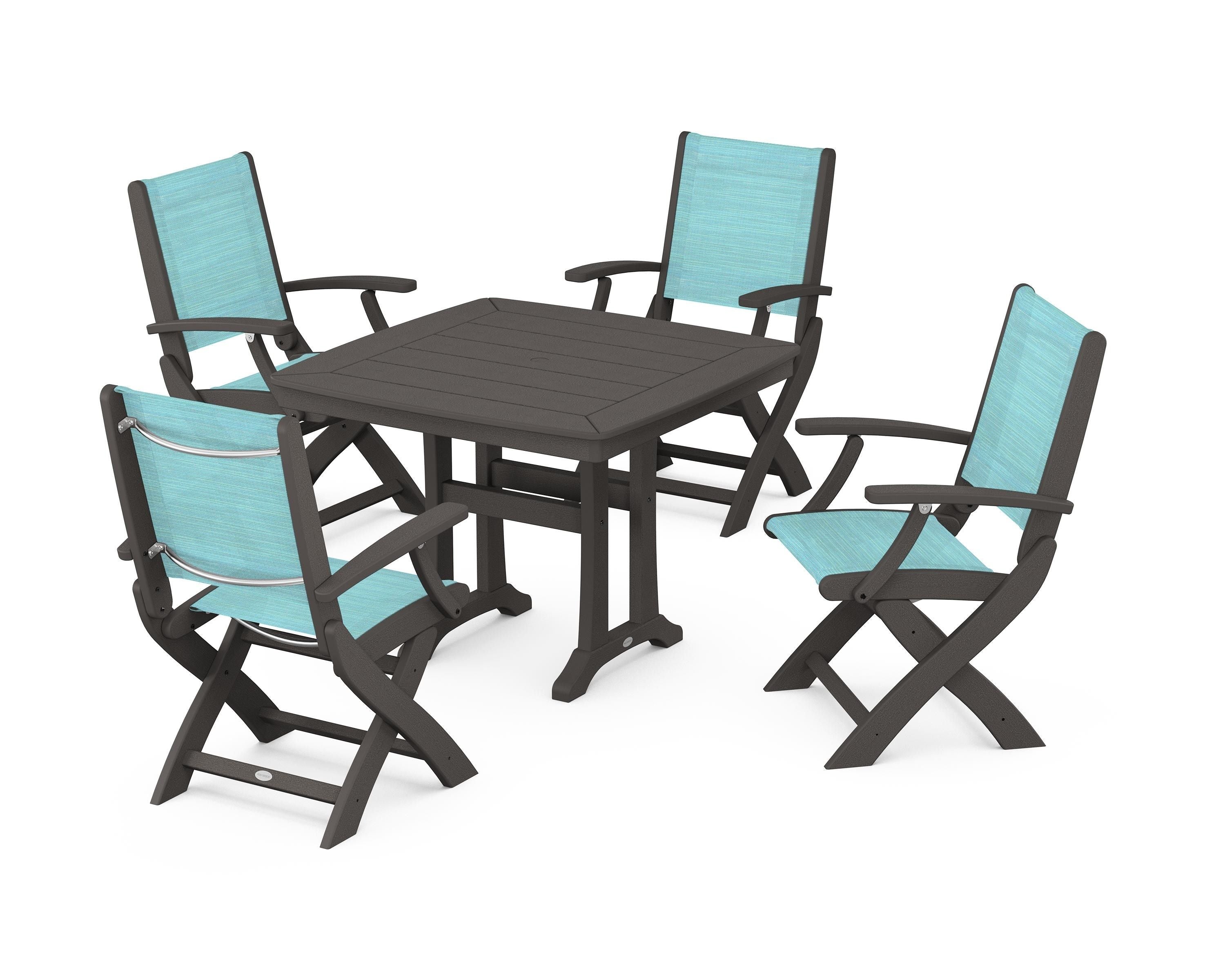 POLYWOOD Coastal Folding Chair 5-Piece Dining Set with Trestle Legs in Vintage Coffee / Dupioni Aquamarine Sling
