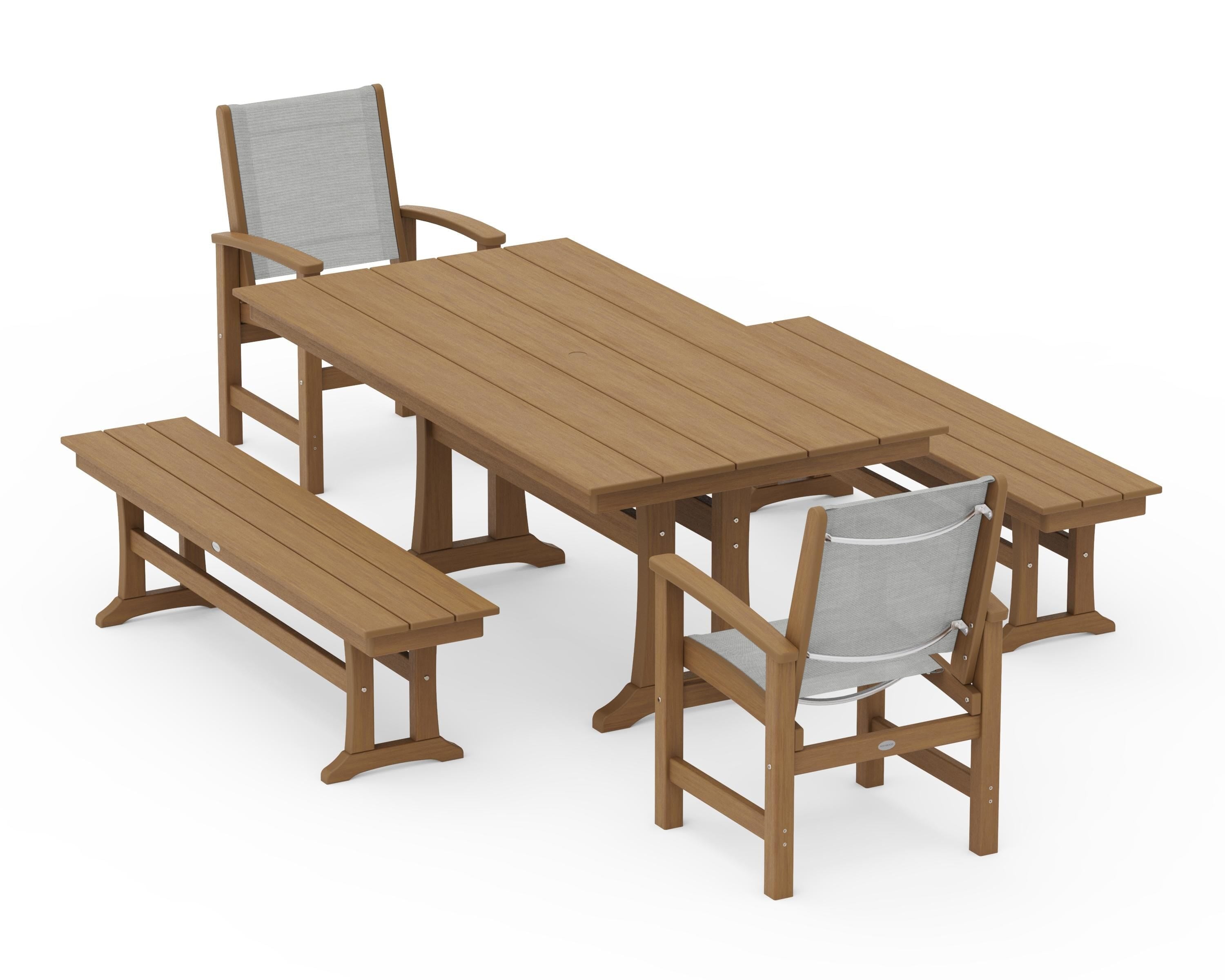 POLYWOOD Coastal 5-Piece Farmhouse Dining Set with Trestle Legs and Benches in Natural / Metallic Sling