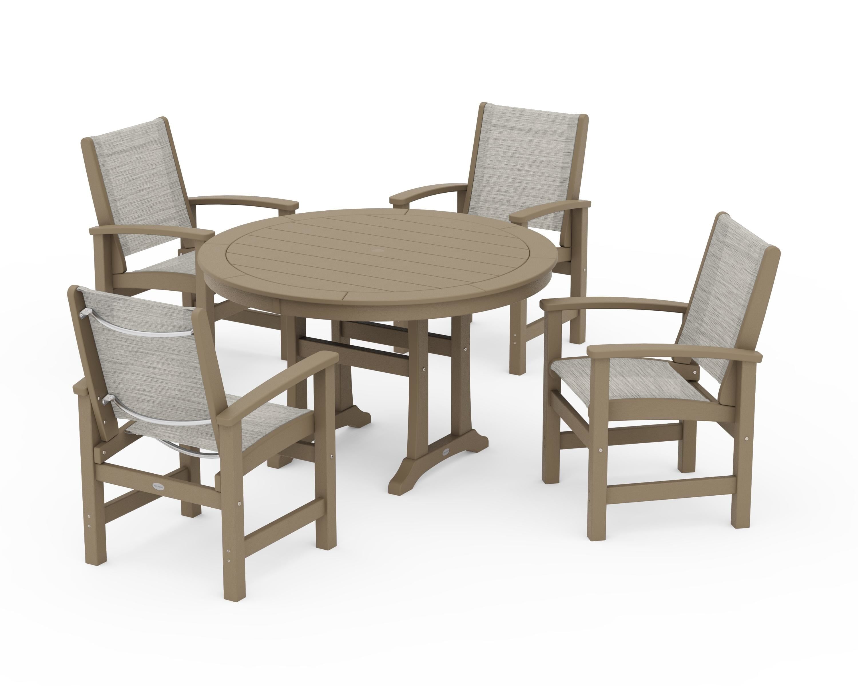 POLYWOOD Coastal 5-Piece Round Dining Set with Trestle Legs in Vintage Sahara / Birch Sling