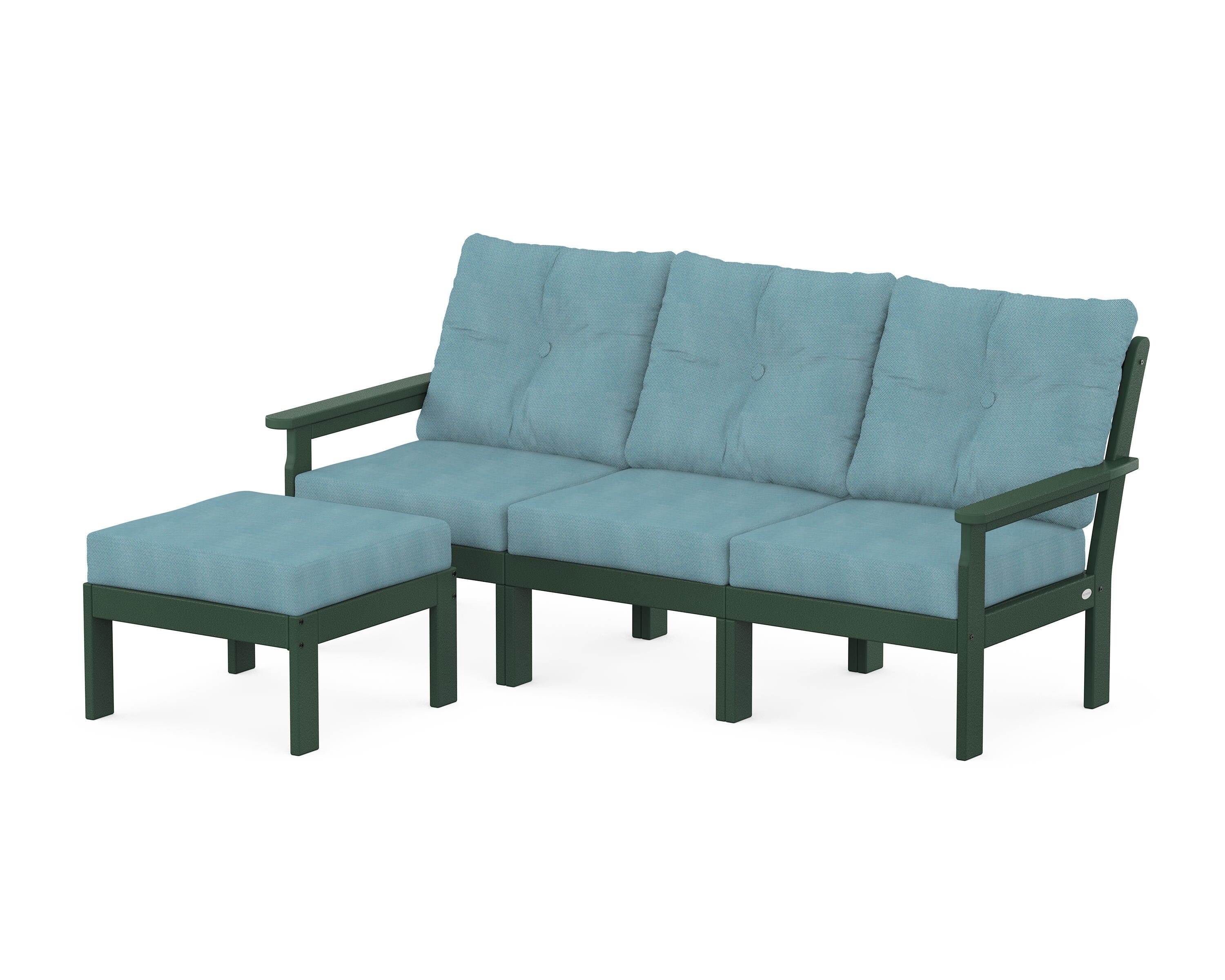 POLYWOOD Vineyard 4-Piece Sectional with Ottoman in Green / Lattice Sky Blue