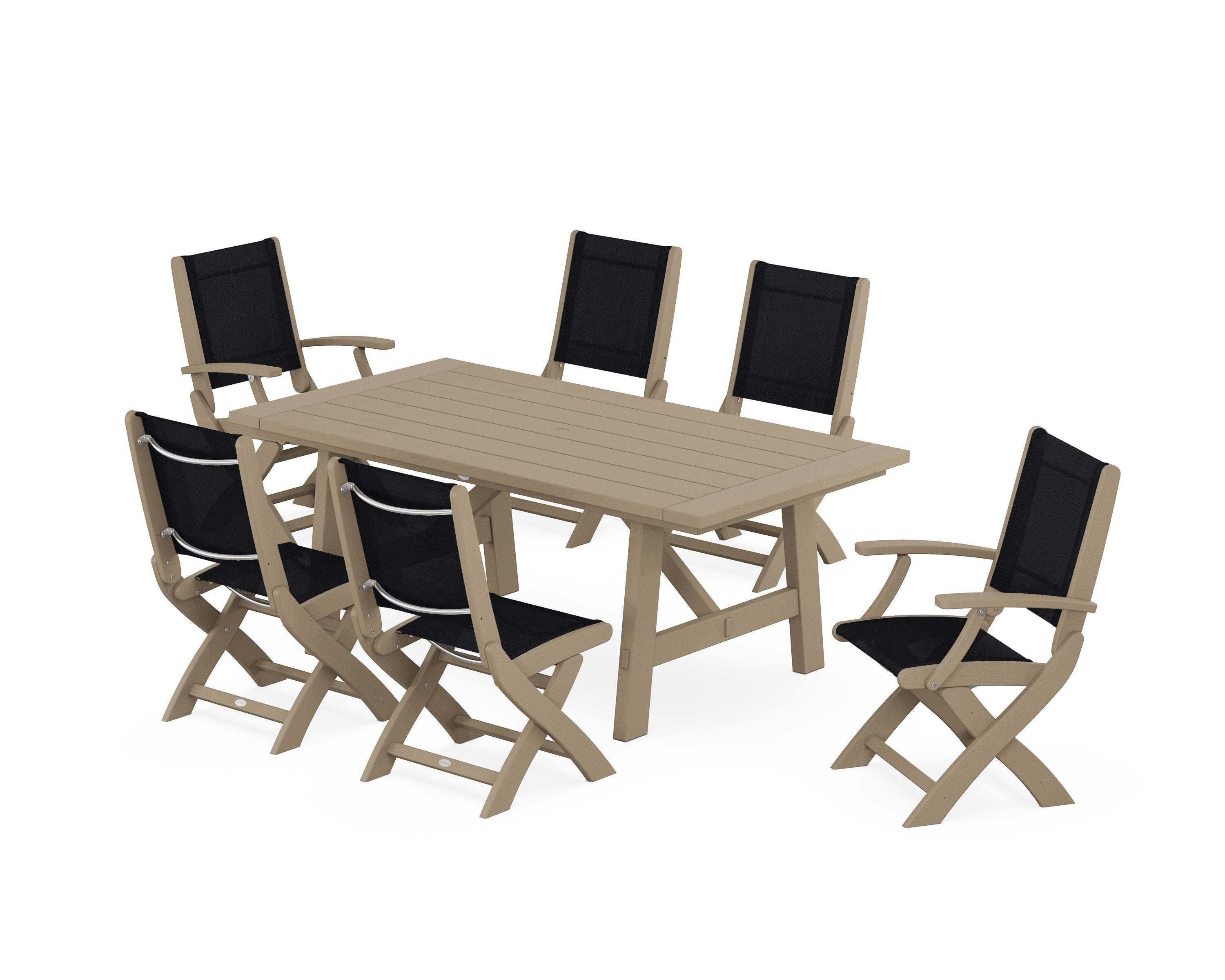 POLYWOOD Coastal Folding Chair 7-Piece Rustic Farmhouse Dining Set in Vintage Sahara / Black Sling