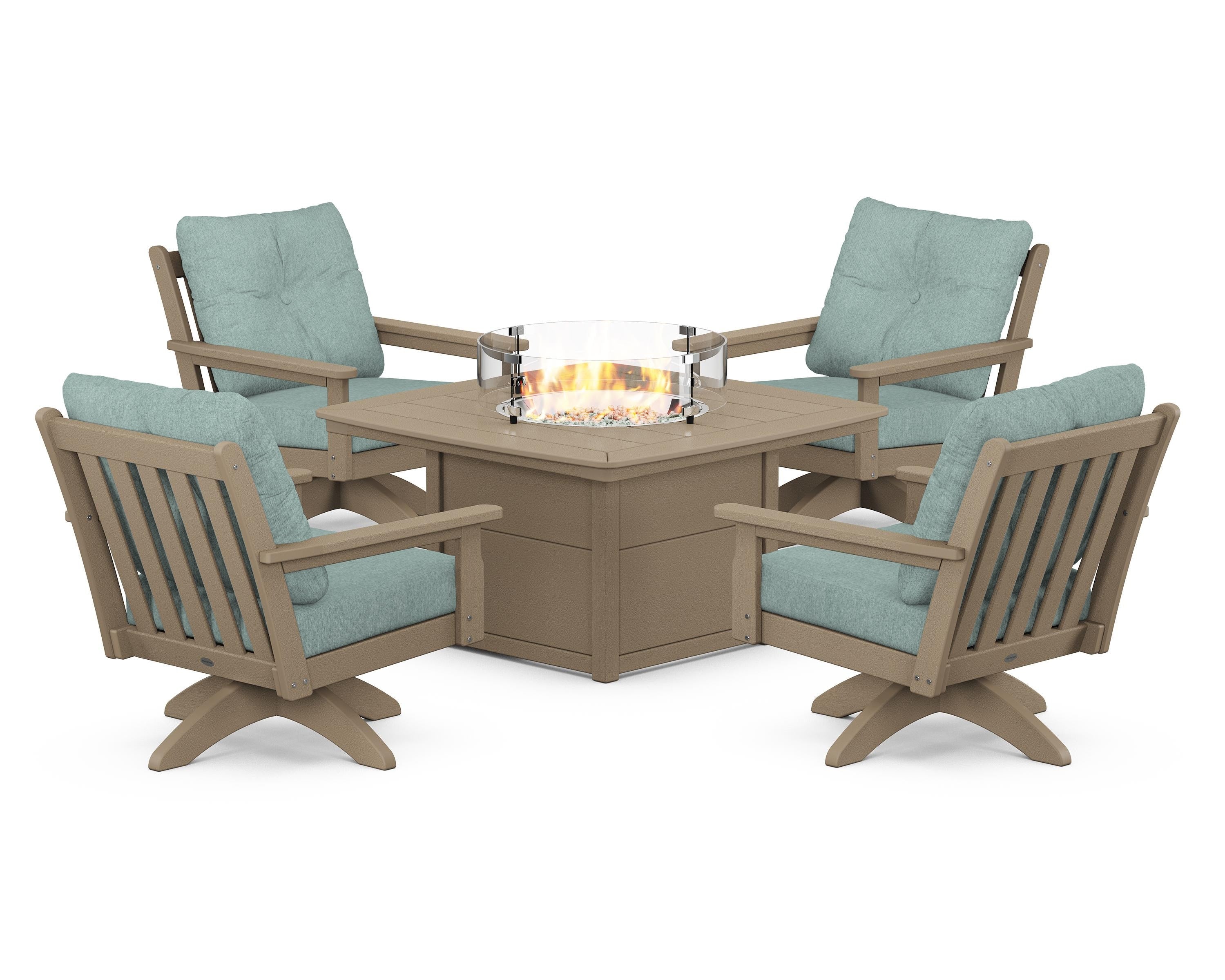 POLYWOOD Vineyard 5-Piece Deep Seating Swivel Conversation Set with Fire Pit Table in Vintage Sahara / Glacier Spa