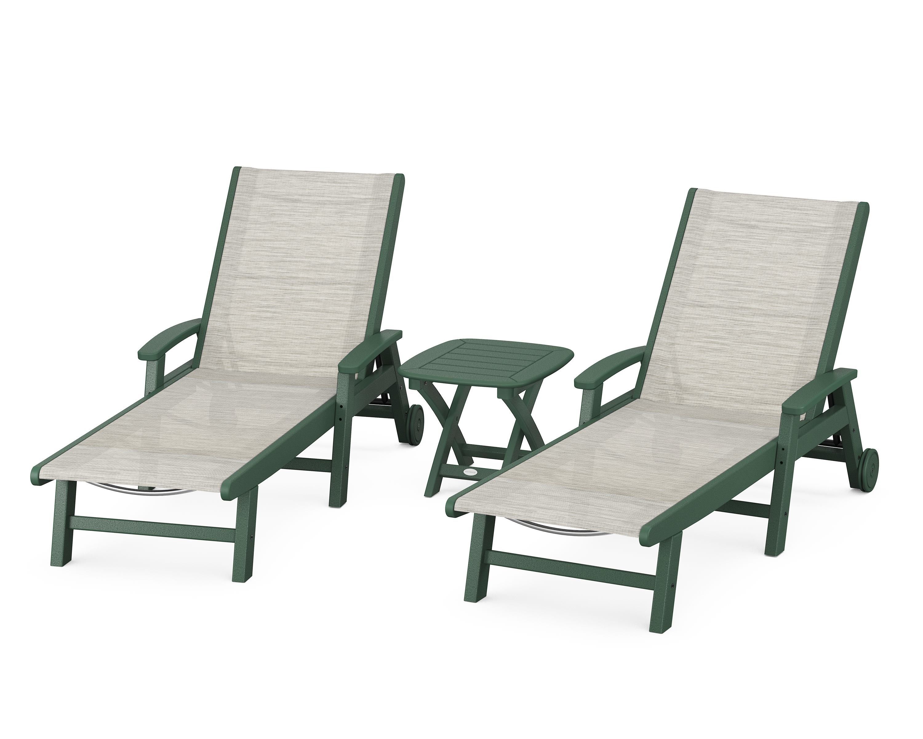 POLYWOOD Coastal 3-Piece Wheeled Chaise Set in Green / Birch Sling