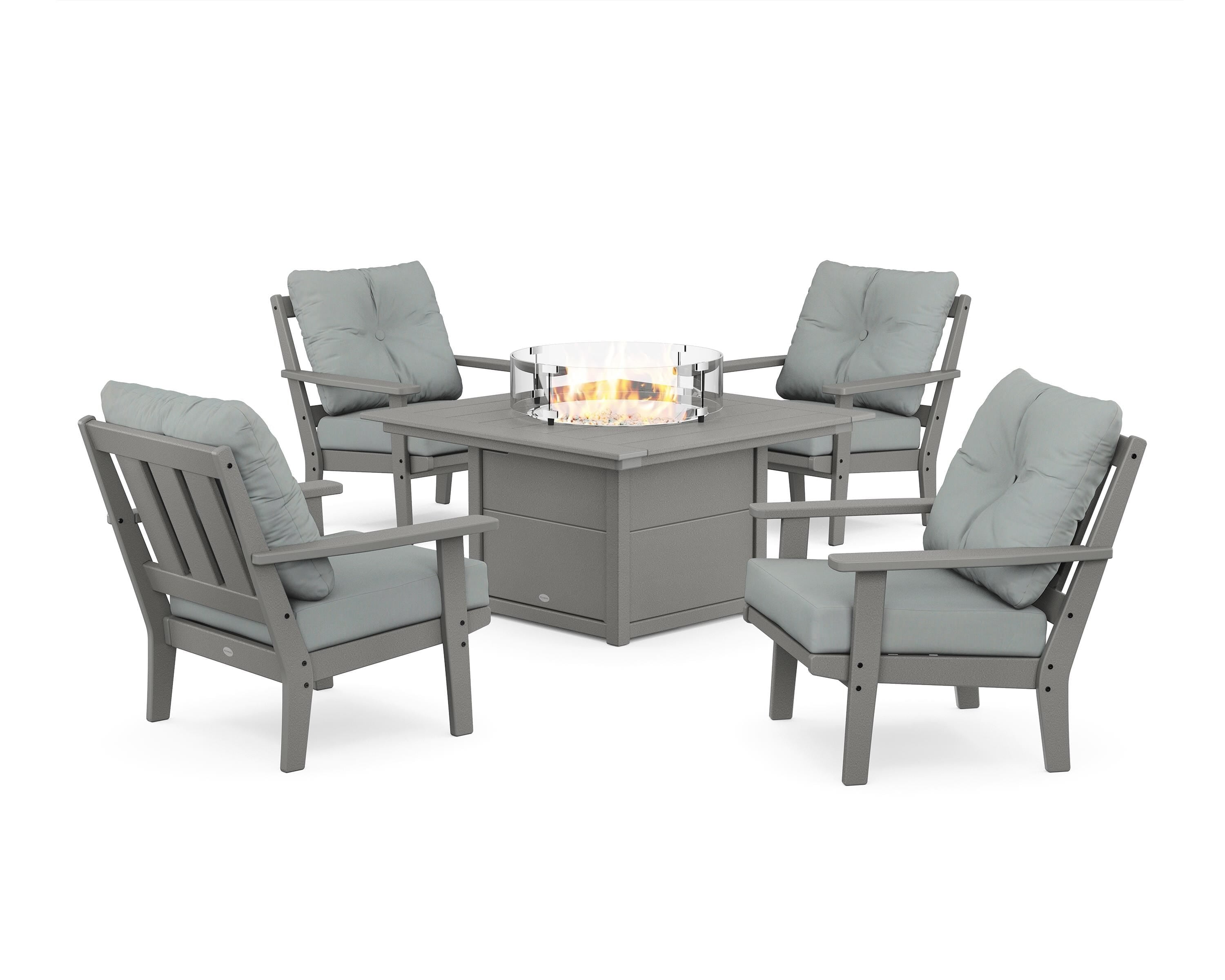 POLYWOOD Oxford 5-Piece Deep Seating Set with Fire Pit Table in Slate Grey / Spa